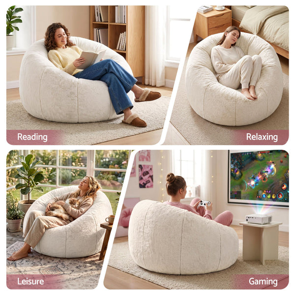 Artiss Bean Bag Chair Cover (No Filler) Soft Faux Fur Beanbag Cover Large Round Stuffed Animal Storage Bean Bag Cover Washable Lazy Sofa Cover for Adults Kids Teens, Beige Awezingly