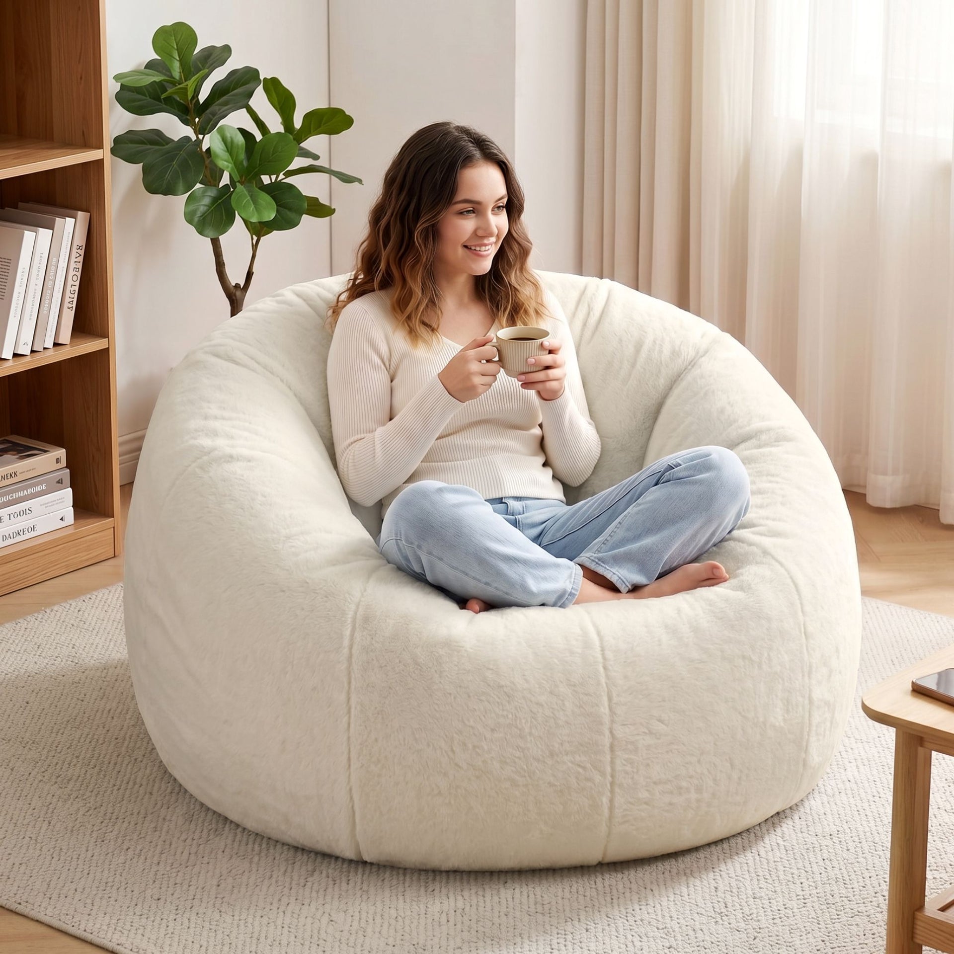 Artiss Bean Bag Chair Cover (No Filler) Soft Faux Fur Beanbag Cover Large Round Stuffed Animal Storage Bean Bag Cover Washable Lazy Sofa Cover for Adults Kids Teens, Beige Awezingly