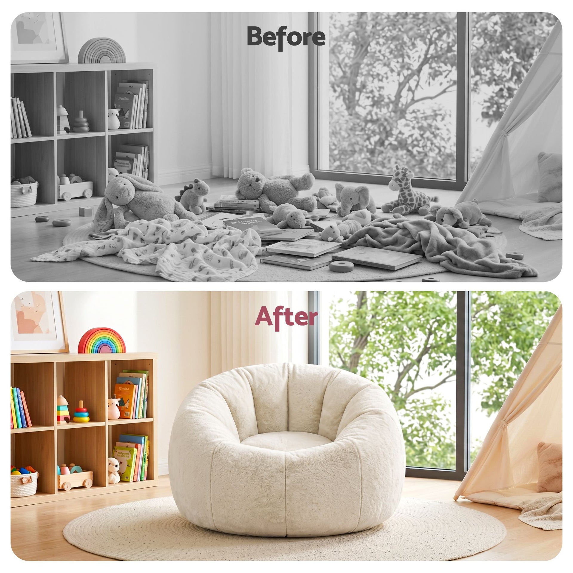 Artiss Bean Bag Chair Cover (No Filler) Soft Faux Fur Beanbag Cover Large Round Stuffed Animal Storage Bean Bag Cover Washable Lazy Sofa Cover for Adults Kids Teens, Beige Awezingly