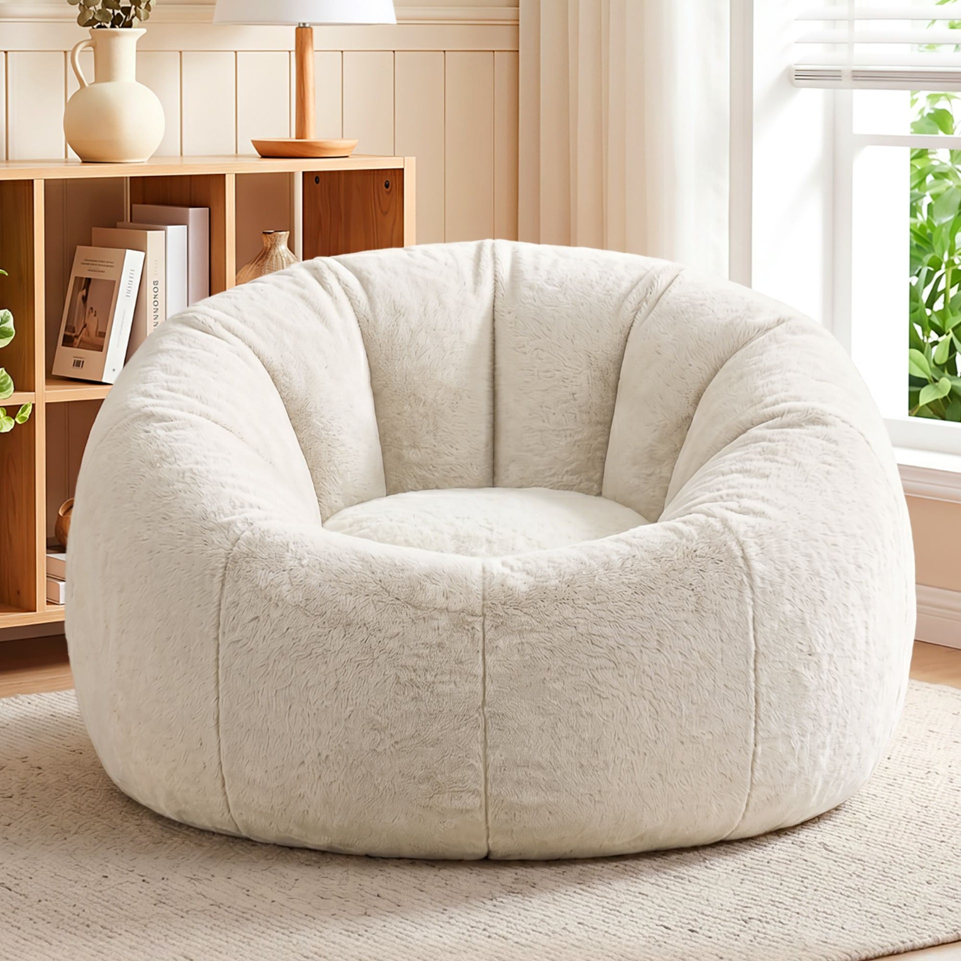 Artiss Bean Bag Chair Cover (No Filler) Soft Faux Fur Beanbag Cover Large Round Stuffed Animal Storage Bean Bag Cover Washable Lazy Sofa Cover for Adults Kids Teens, Beige Awezingly