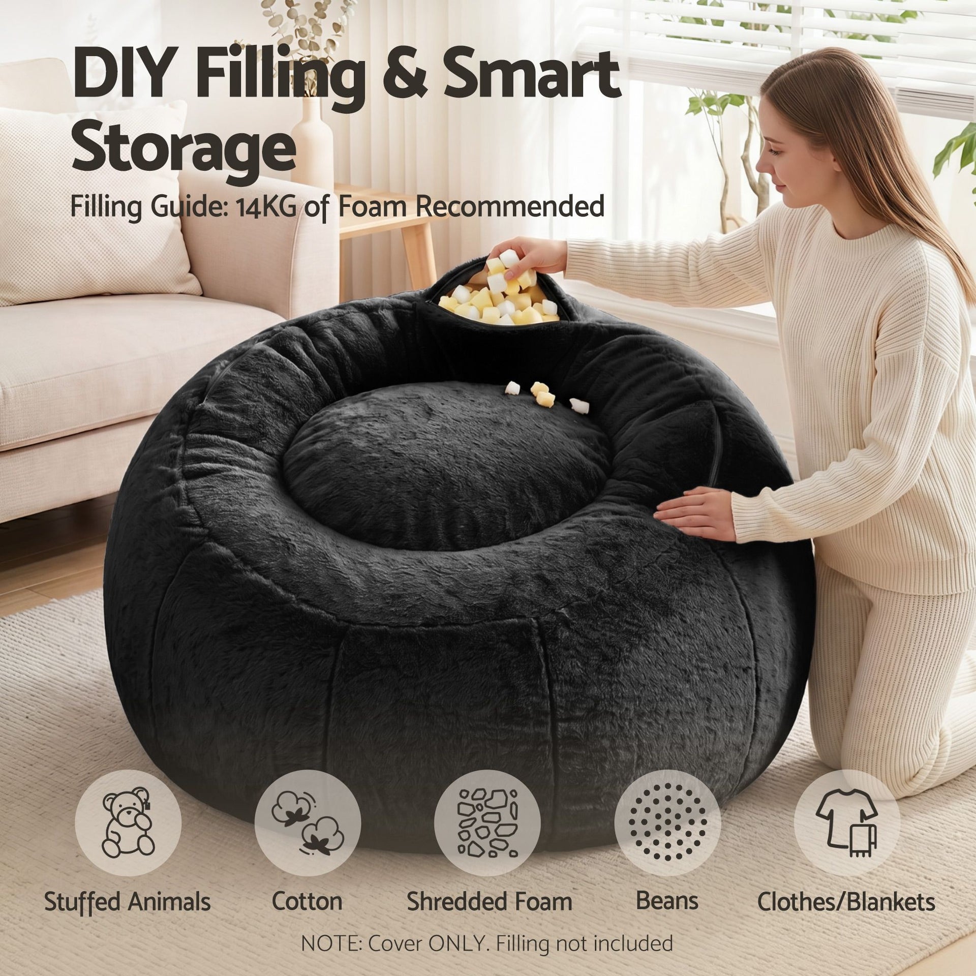 Artiss Bean Bag Chair Cover (No Filler) Soft Faux Fur Beanbag Cover Large Round Stuffed Animal Storage Bean Bag Cover Washable Lazy Sofa Cover for Adults Kids Teens, Black Awezingly