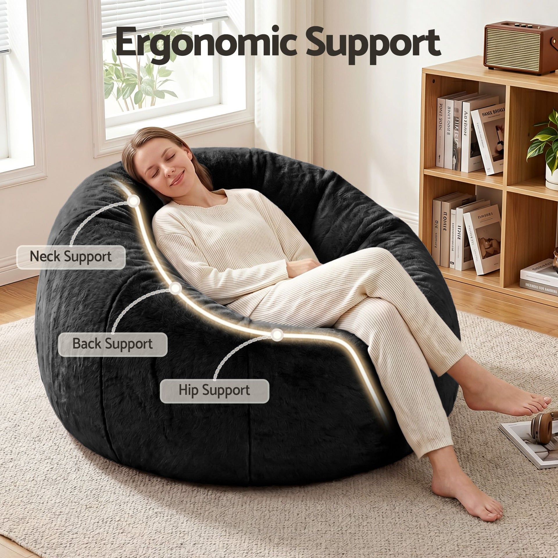 Artiss Bean Bag Chair Cover (No Filler) Soft Faux Fur Beanbag Cover Large Round Stuffed Animal Storage Bean Bag Cover Washable Lazy Sofa Cover for Adults Kids Teens, Black Awezingly