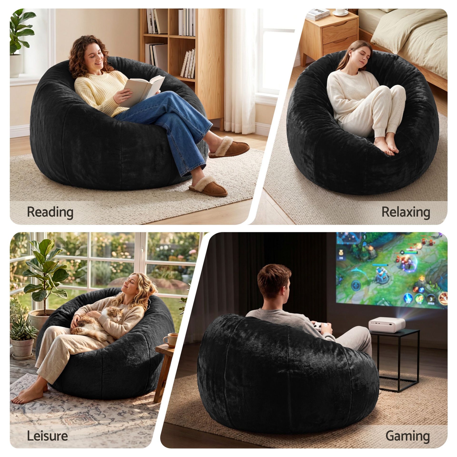 Artiss Bean Bag Chair Cover (No Filler) Soft Faux Fur Beanbag Cover Large Round Stuffed Animal Storage Bean Bag Cover Washable Lazy Sofa Cover for Adults Kids Teens, Black Awezingly