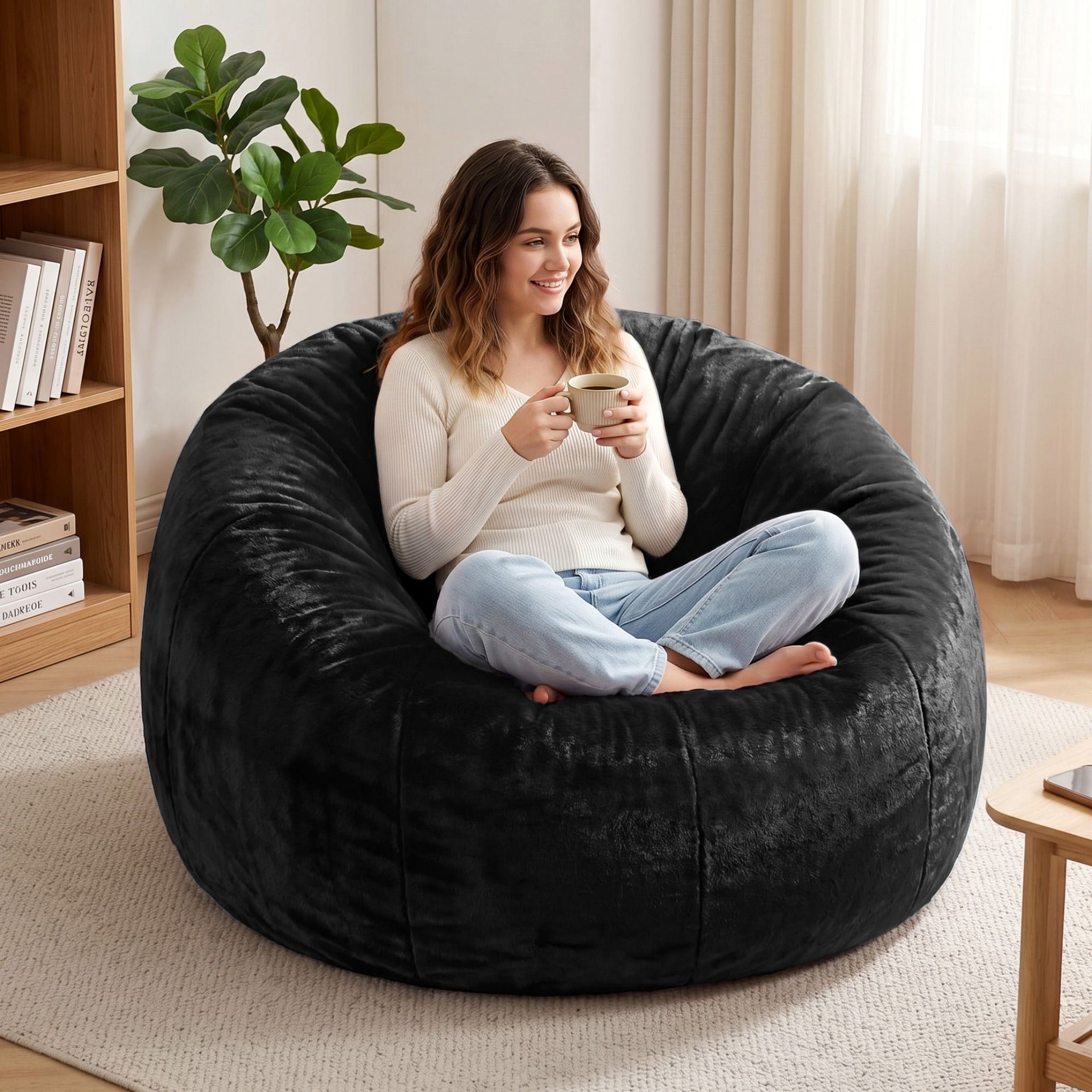 Artiss Bean Bag Chair Cover (No Filler) Soft Faux Fur Beanbag Cover Large Round Stuffed Animal Storage Bean Bag Cover Washable Lazy Sofa Cover for Adults Kids Teens, Black Awezingly