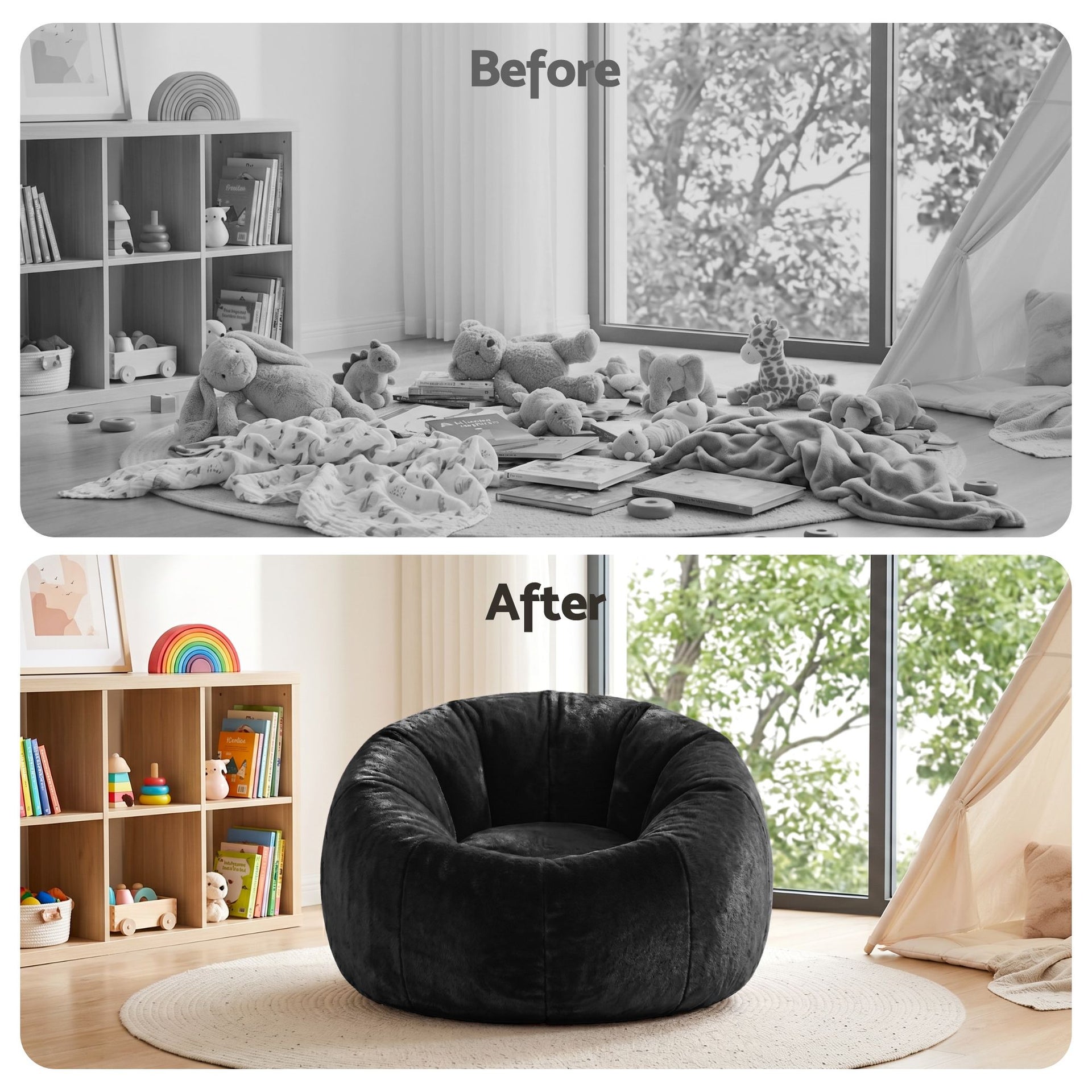 Artiss Bean Bag Chair Cover (No Filler) Soft Faux Fur Beanbag Cover Large Round Stuffed Animal Storage Bean Bag Cover Washable Lazy Sofa Cover for Adults Kids Teens, Black Awezingly