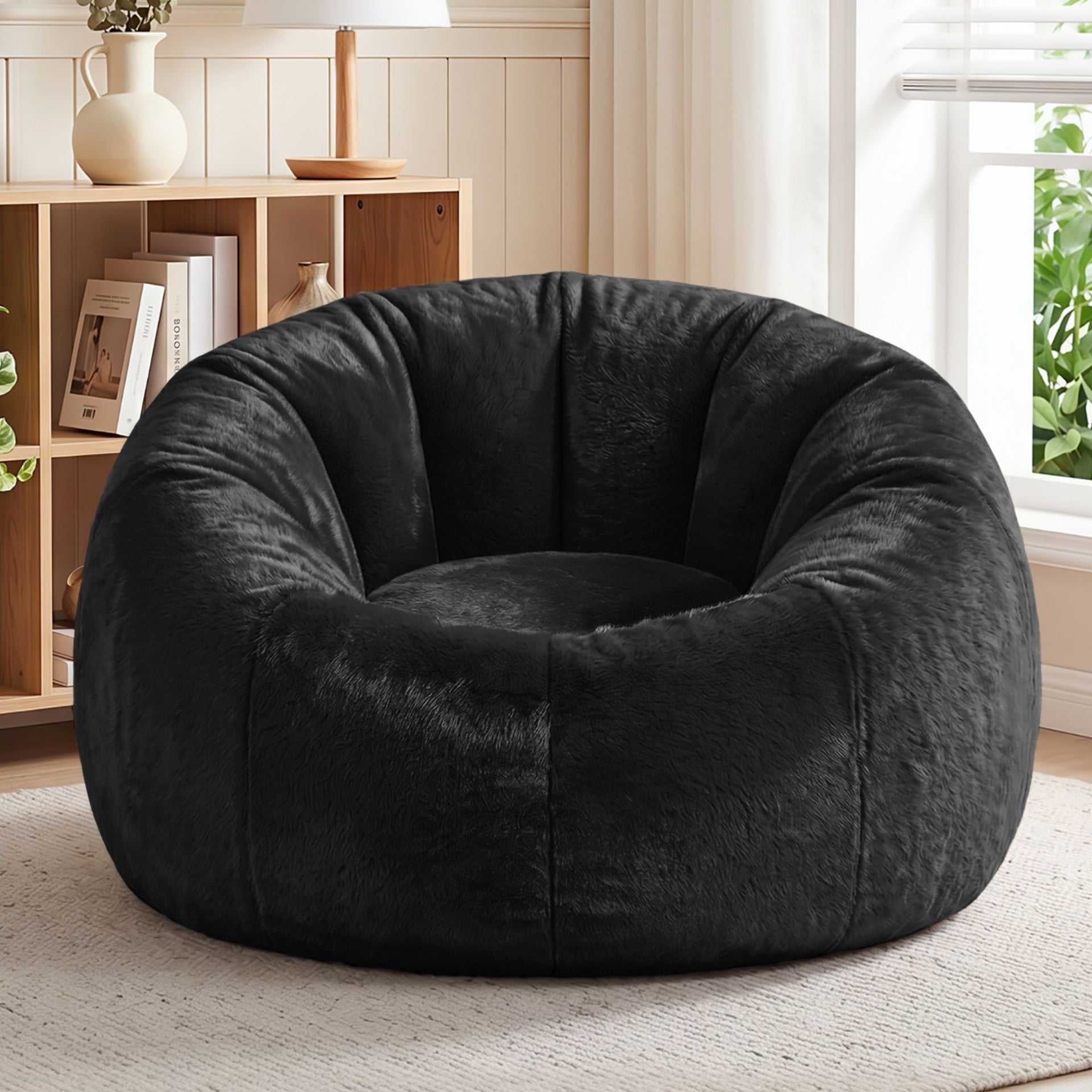 Artiss Bean Bag Chair Cover (No Filler) Soft Faux Fur Beanbag Cover Large Round Stuffed Animal Storage Bean Bag Cover Washable Lazy Sofa Cover for Adults Kids Teens, Black Awezingly