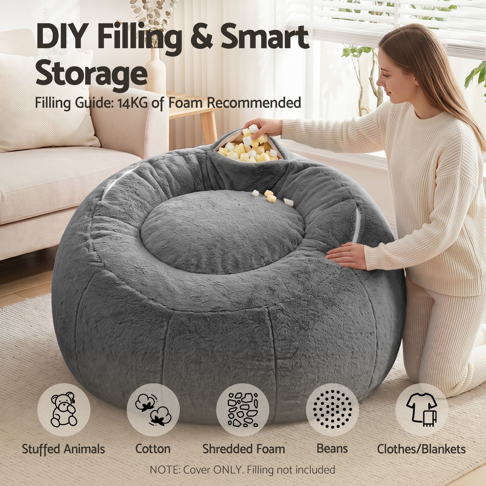 Artiss Bean Bag Chair Cover (No Filler) Soft Faux Fur Beanbag Cover Large Round Stuffed Animal Storage Bean Bag Cover Washable Lazy Sofa Cover for Adults Kids Teens, Grey Awezingly