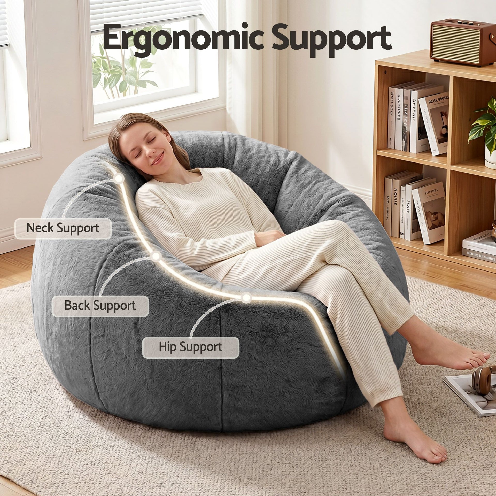 Artiss Bean Bag Chair Cover (No Filler) Soft Faux Fur Beanbag Cover Large Round Stuffed Animal Storage Bean Bag Cover Washable Lazy Sofa Cover for Adults Kids Teens, Grey Awezingly