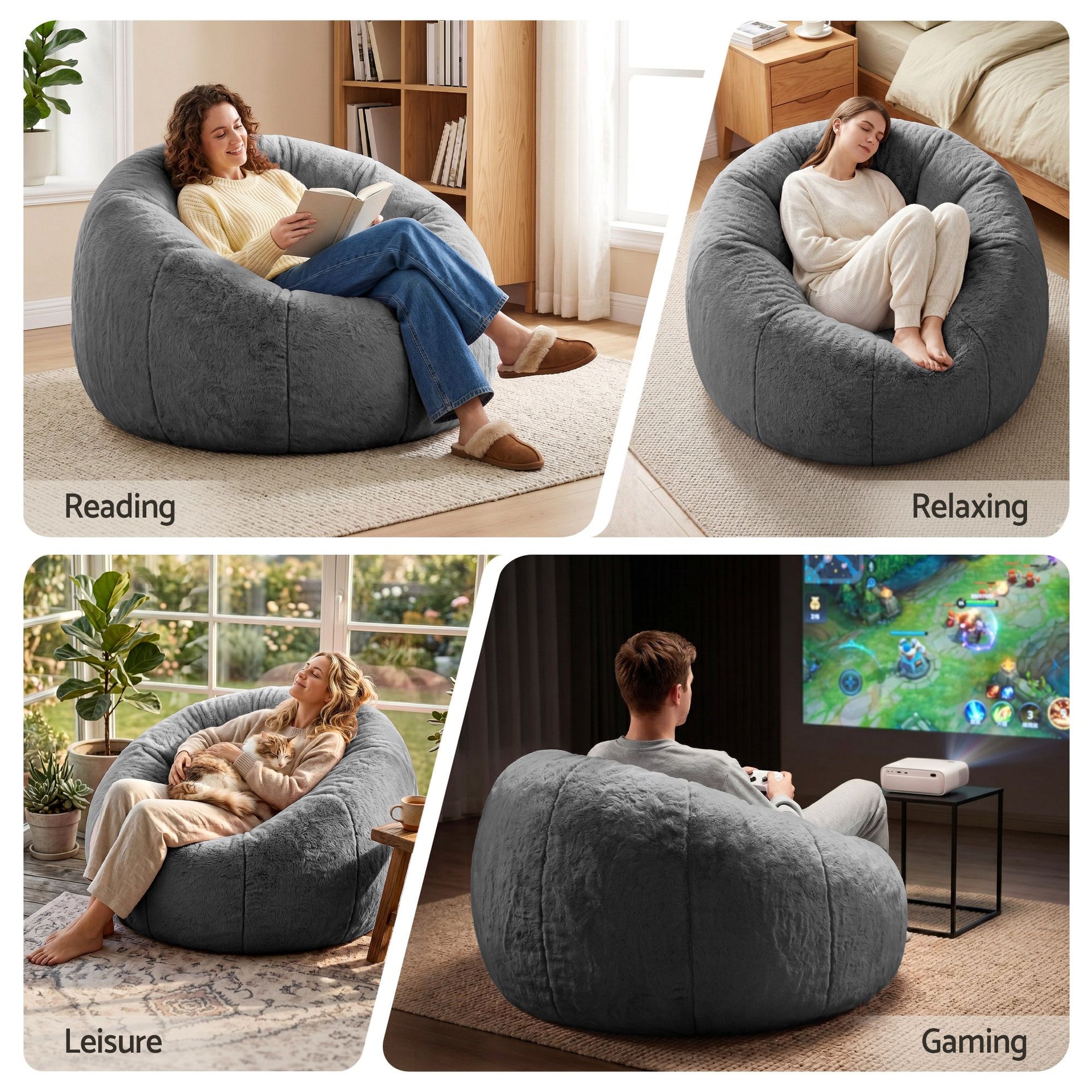 Artiss Bean Bag Chair Cover (No Filler) Soft Faux Fur Beanbag Cover Large Round Stuffed Animal Storage Bean Bag Cover Washable Lazy Sofa Cover for Adults Kids Teens, Grey Awezingly
