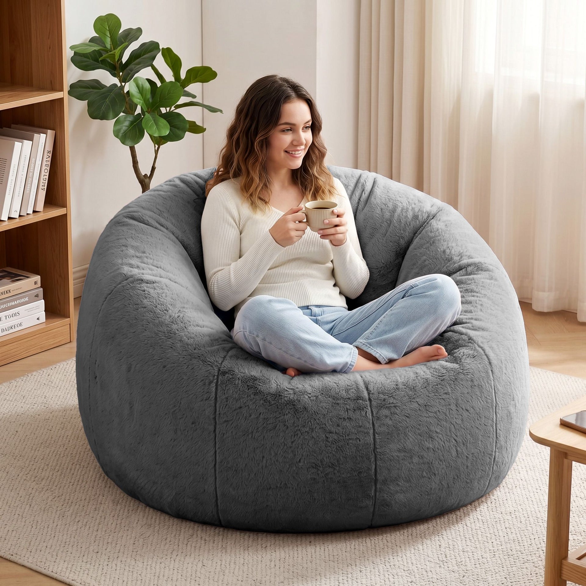 Artiss Bean Bag Chair Cover (No Filler) Soft Faux Fur Beanbag Cover Large Round Stuffed Animal Storage Bean Bag Cover Washable Lazy Sofa Cover for Adults Kids Teens, Grey Awezingly