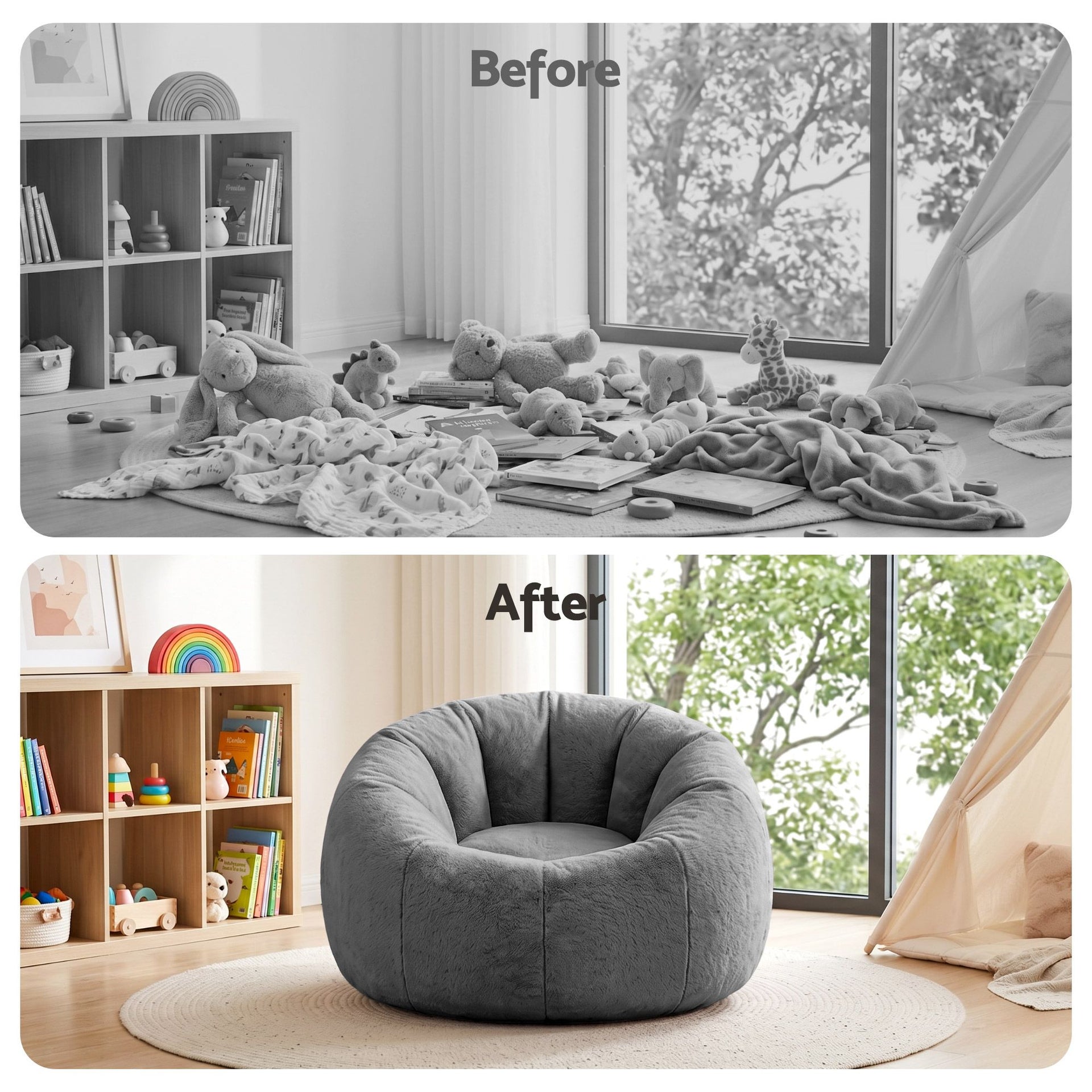 Artiss Bean Bag Chair Cover (No Filler) Soft Faux Fur Beanbag Cover Large Round Stuffed Animal Storage Bean Bag Cover Washable Lazy Sofa Cover for Adults Kids Teens, Grey Awezingly