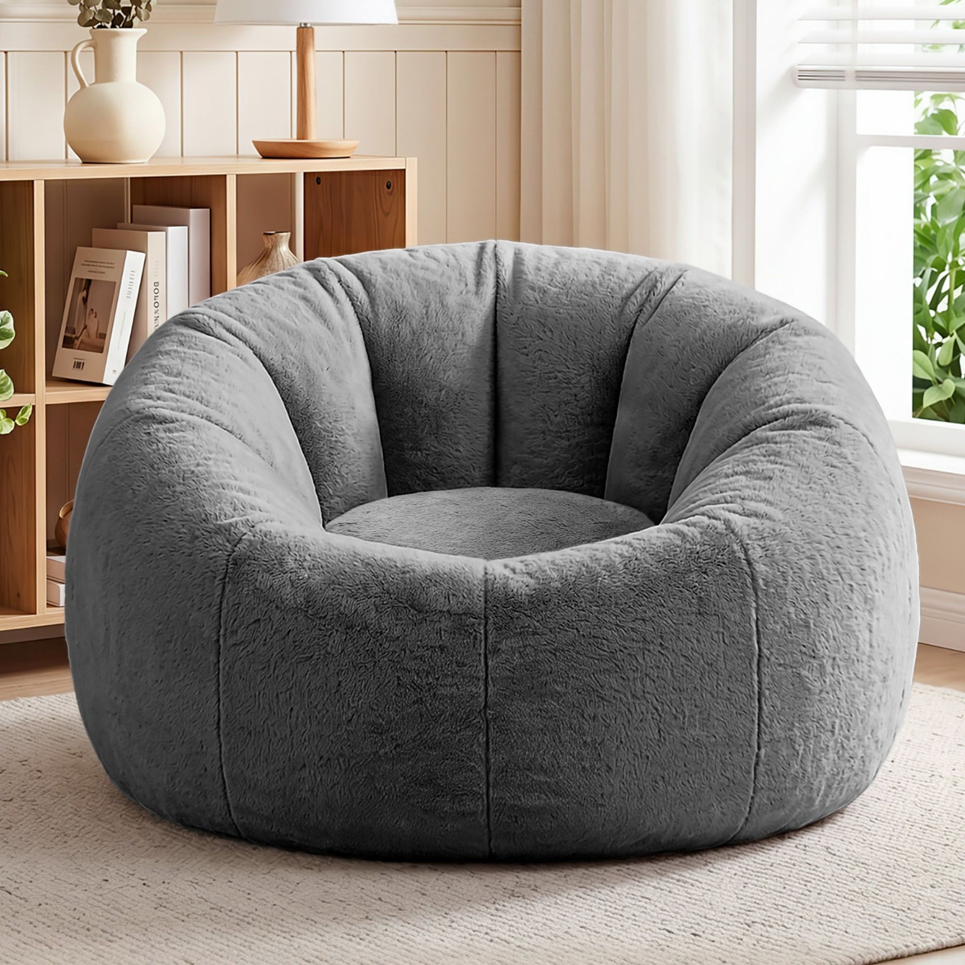 Artiss Bean Bag Chair Cover (No Filler) Soft Faux Fur Beanbag Cover Large Round Stuffed Animal Storage Bean Bag Cover Washable Lazy Sofa Cover for Adults Kids Teens, Grey Awezingly