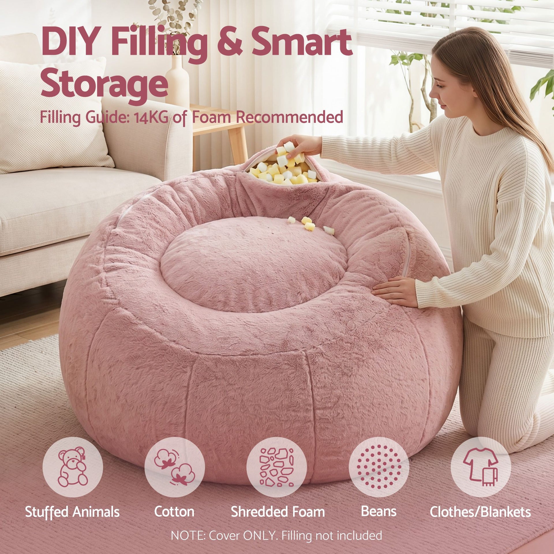 Artiss Bean Bag Chair Cover (No Filler) Soft Faux Fur Beanbag Cover Large Round Stuffed Animal Storage Bean Bag Cover Washable Lazy Sofa Cover for Adults Kids Teens, Pink Awezingly