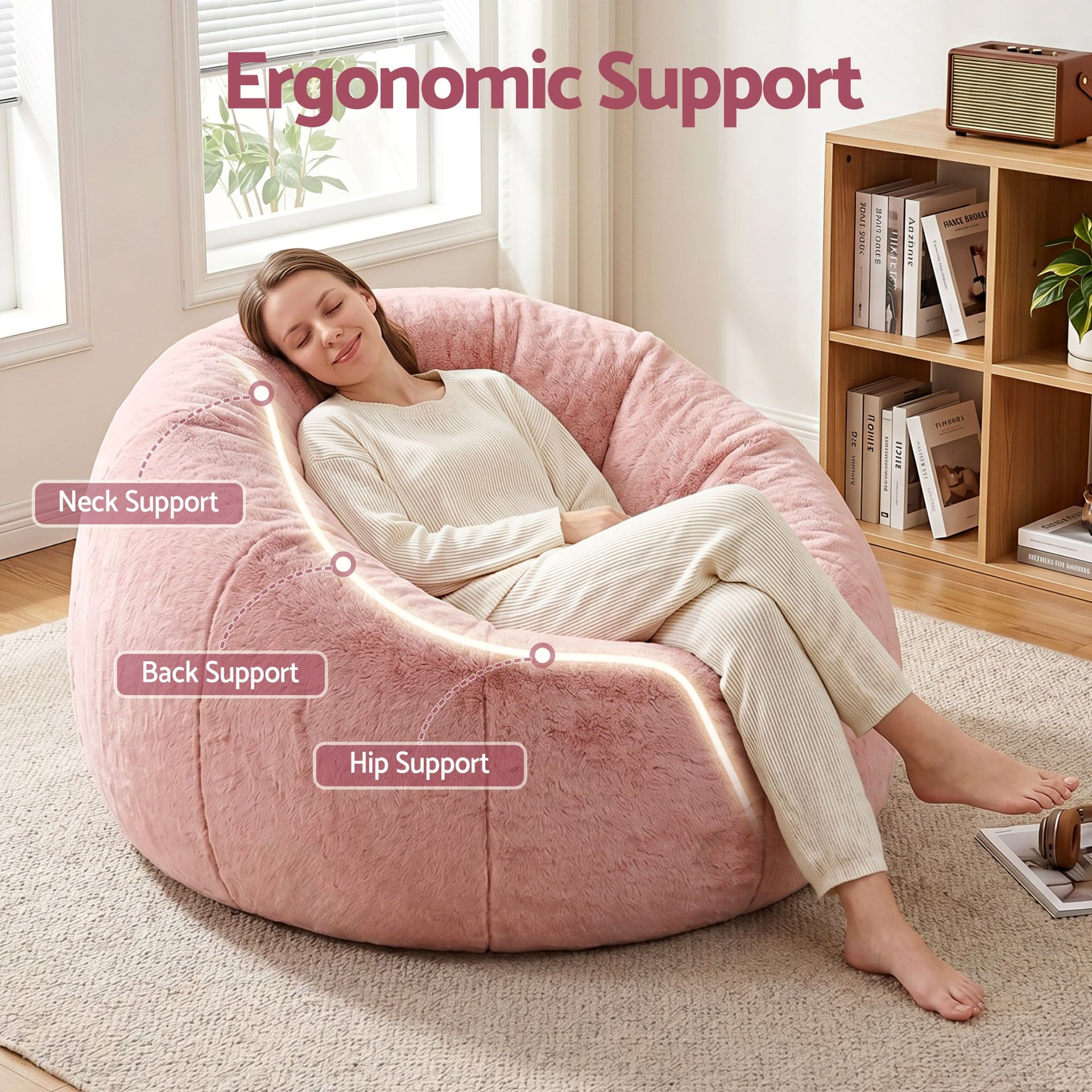 Artiss Bean Bag Chair Cover (No Filler) Soft Faux Fur Beanbag Cover Large Round Stuffed Animal Storage Bean Bag Cover Washable Lazy Sofa Cover for Adults Kids Teens, Pink Awezingly