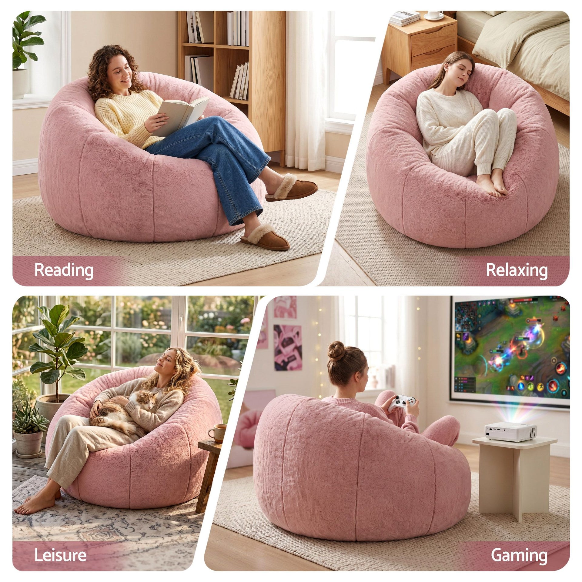 Artiss Bean Bag Chair Cover (No Filler) Soft Faux Fur Beanbag Cover Large Round Stuffed Animal Storage Bean Bag Cover Washable Lazy Sofa Cover for Adults Kids Teens, Pink Awezingly