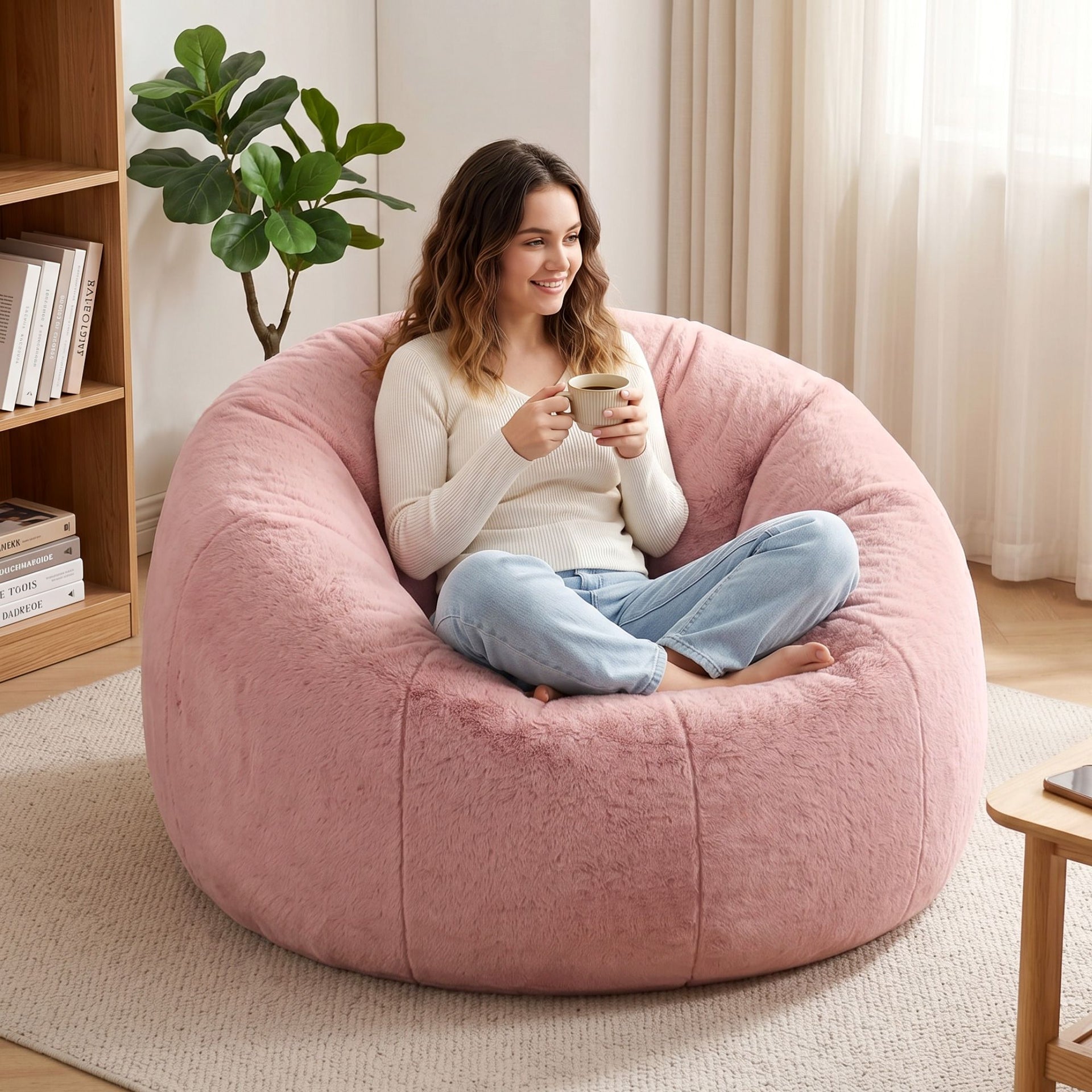 Artiss Bean Bag Chair Cover (No Filler) Soft Faux Fur Beanbag Cover Large Round Stuffed Animal Storage Bean Bag Cover Washable Lazy Sofa Cover for Adults Kids Teens, Pink Awezingly