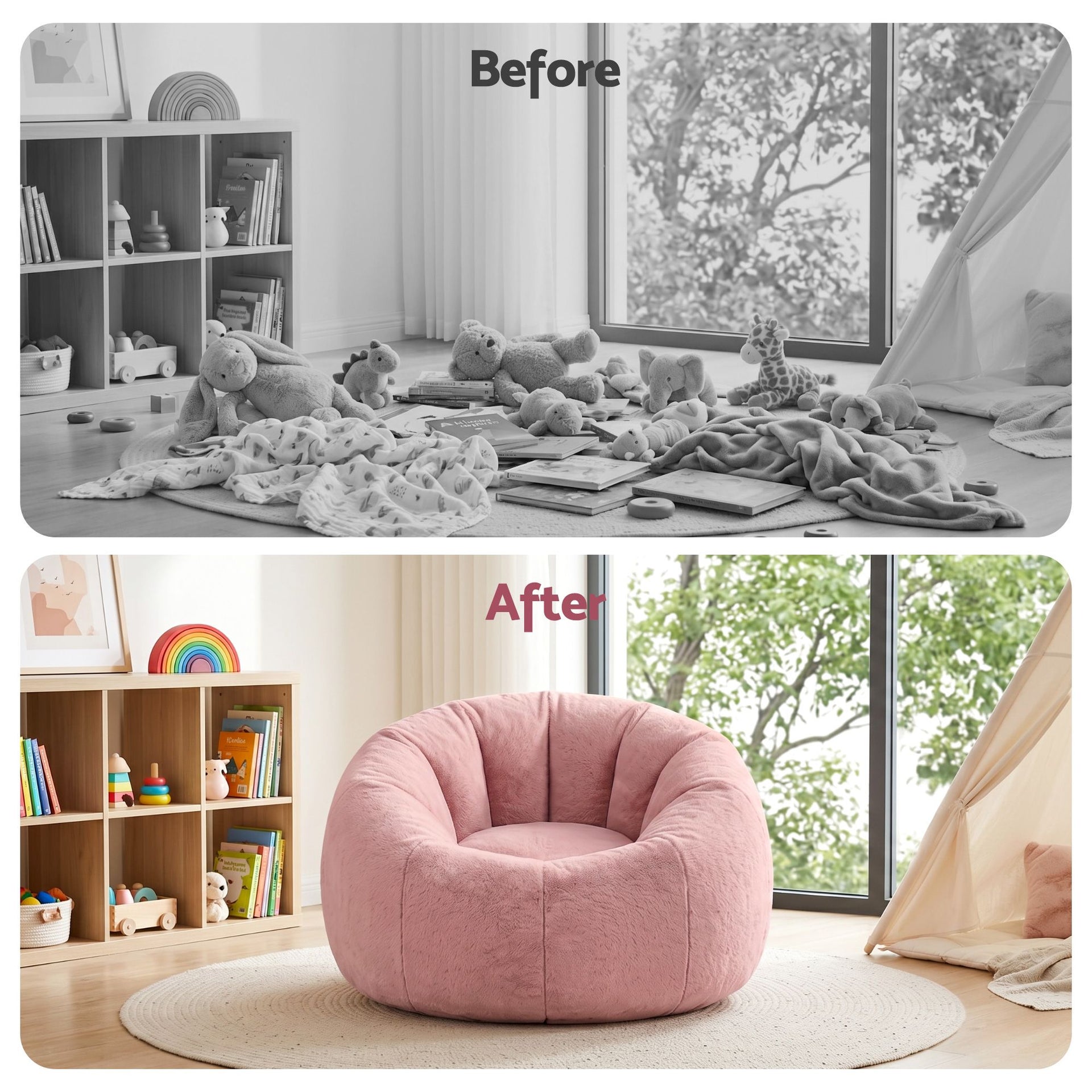 Artiss Bean Bag Chair Cover (No Filler) Soft Faux Fur Beanbag Cover Large Round Stuffed Animal Storage Bean Bag Cover Washable Lazy Sofa Cover for Adults Kids Teens, Pink Awezingly