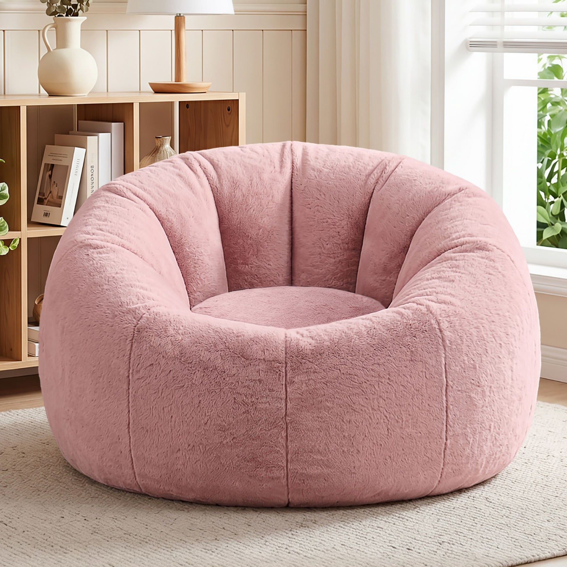 Artiss Bean Bag Chair Cover (No Filler) Soft Faux Fur Beanbag Cover Large Round Stuffed Animal Storage Bean Bag Cover Washable Lazy Sofa Cover for Adults Kids Teens, Pink Awezingly