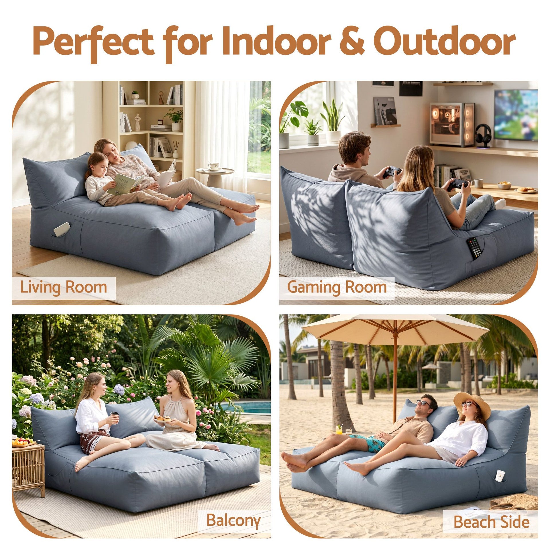 Artiss Outdoor Bean Bag Chair with Filler 2 Seater Beanbag Lounge Adults Splash-Proof Large Bean Bag Cover with Filling for Patio Poolside Relaxing Indoor, Grey Awezingly