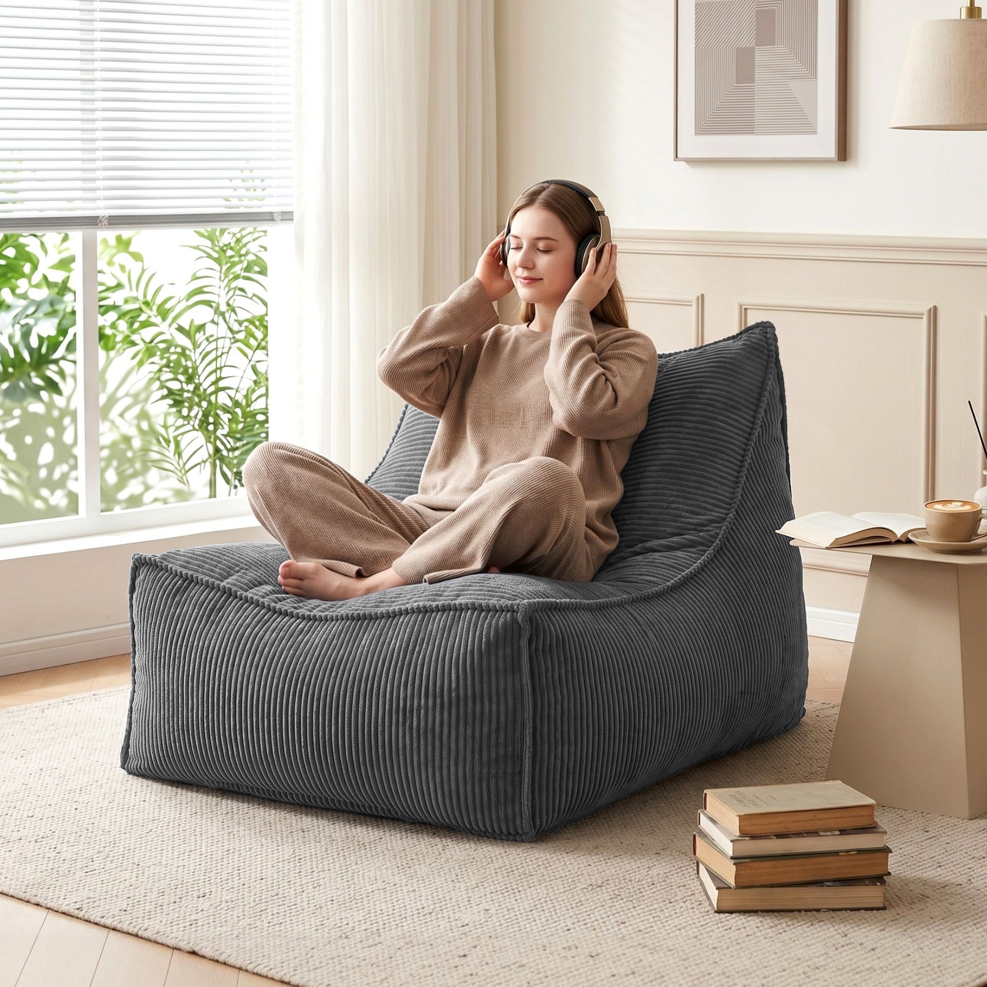 Artiss Bean Bag Chair Cover with Filler Soft Corduroy DIY Stuffed Animal Storage Bean Bag for Adults, Washable Lazy Sofa for Living Room Bedroom, Grey Awezingly