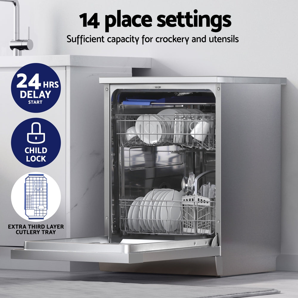 Devanti 60cm 14 Place Settings Freestanding Dishwasher Silver Devanti