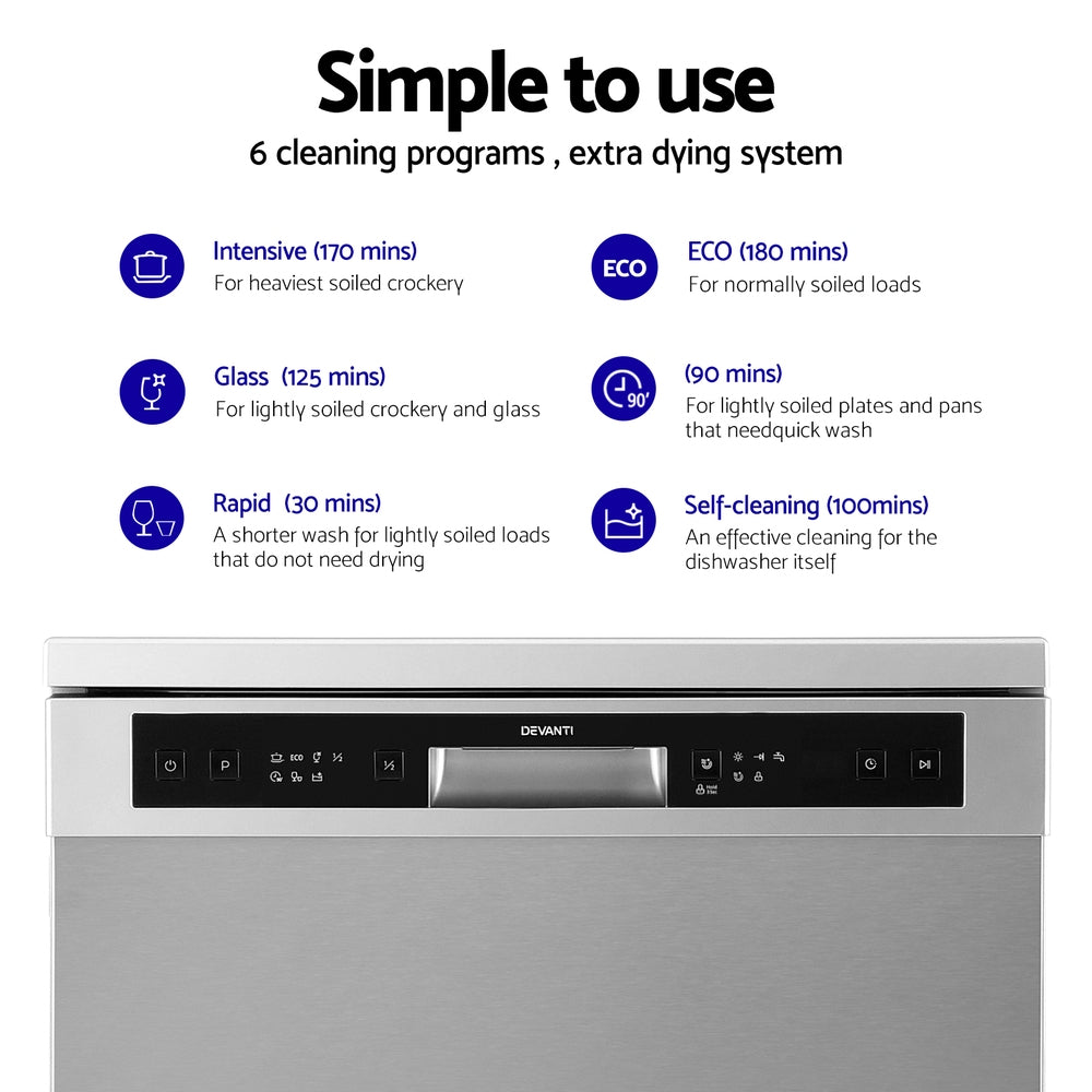 Devanti 60cm 14 Place Settings Freestanding Dishwasher Silver Devanti