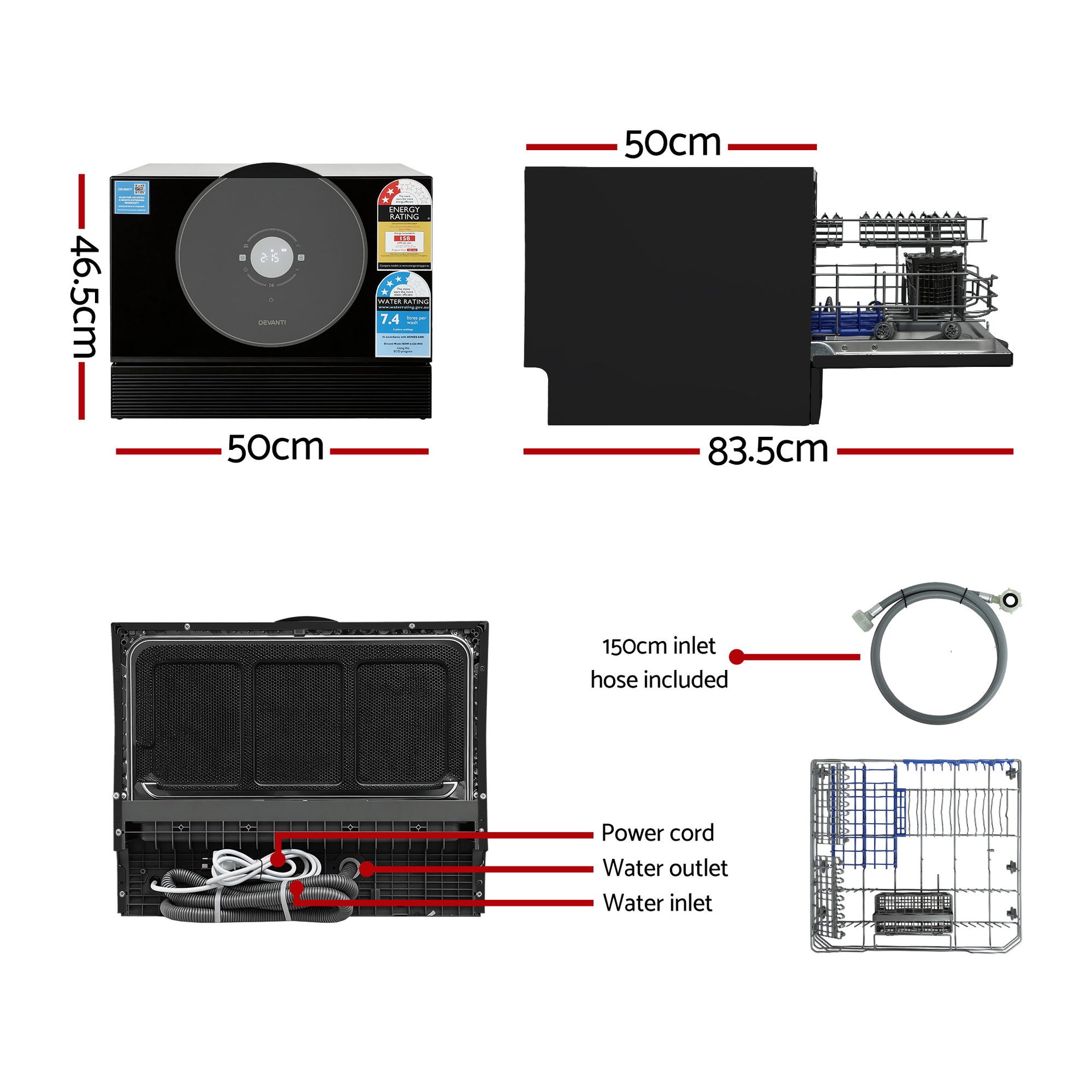 Devanti 6-Place Setting Benchtop Dishwasher 50cm Black Awezingly