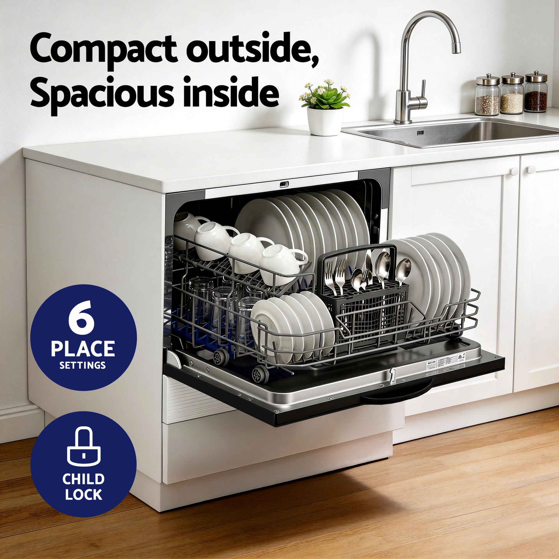 Devanti 6-Place Setting Benchtop Dishwasher 50cm Black Awezingly