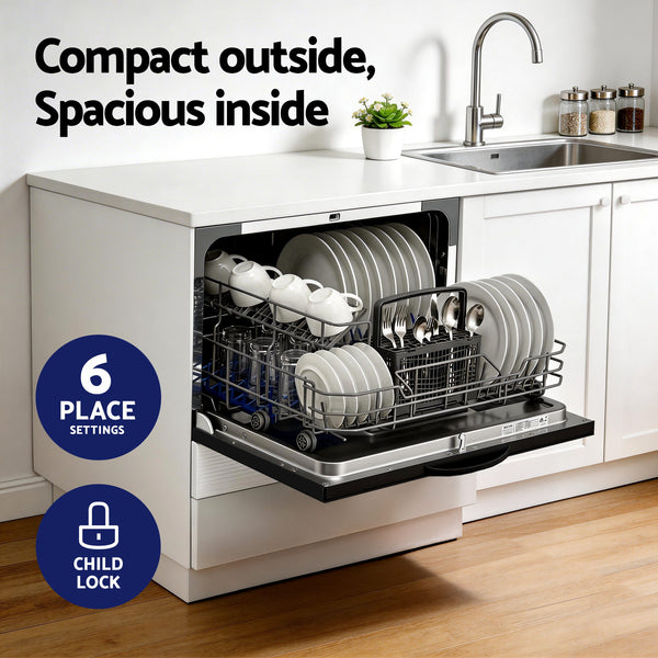 Devanti 6-Place Setting Benchtop Dishwasher 50cm Black Awezingly