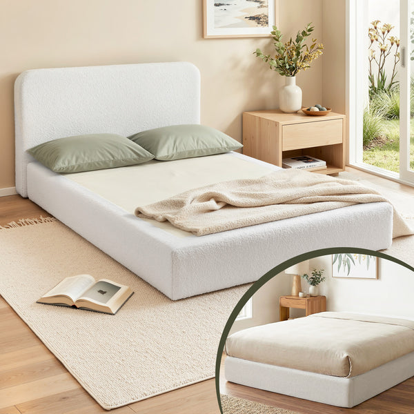 Artiss Compression Bed Frame Double Size No Assembly Vacuum High Density Sponge Boucle Cream White Awezingly