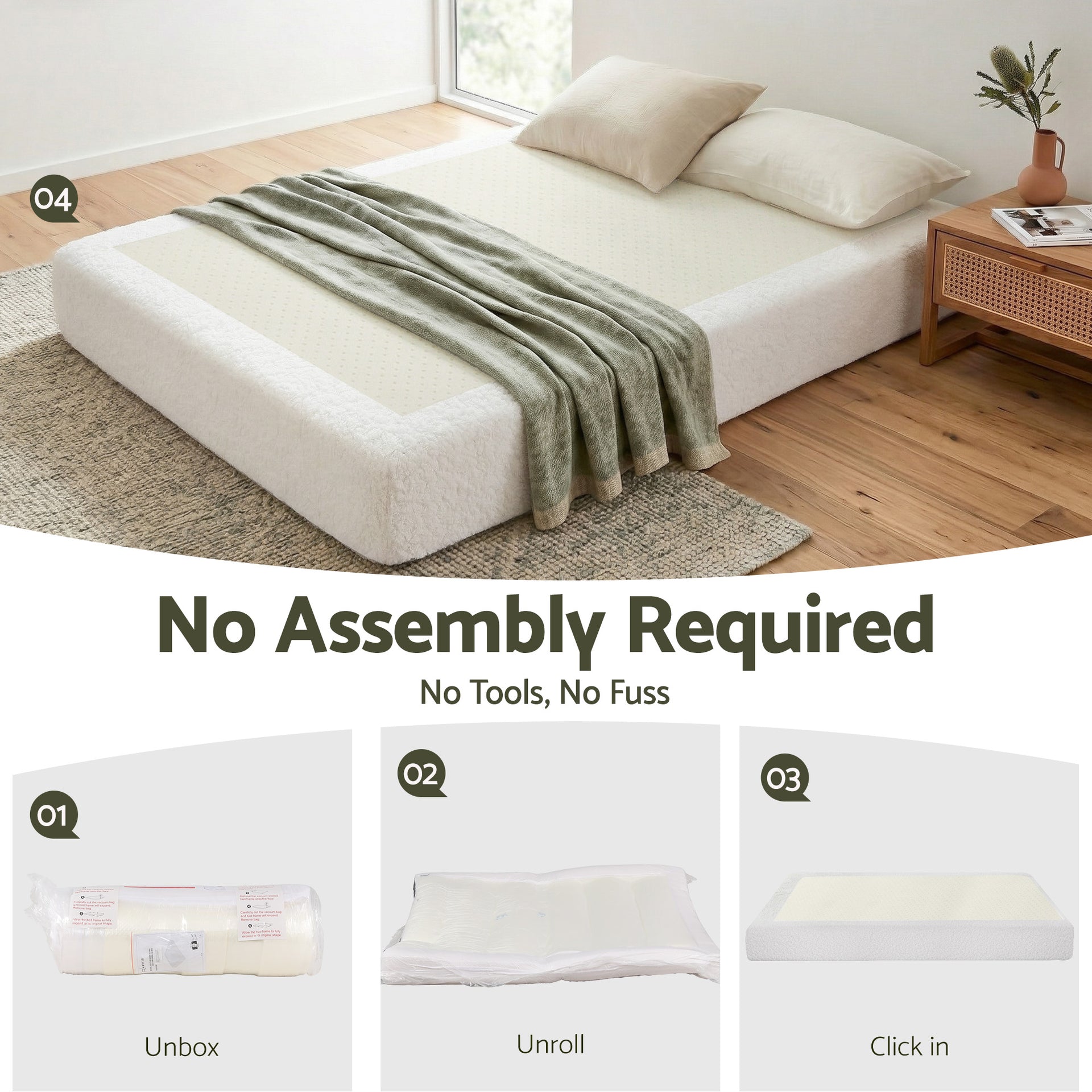 Artiss Compression Bed Frame Double Size No Assembly Vacuum High Density Sponge Boucle Cream White Awezingly