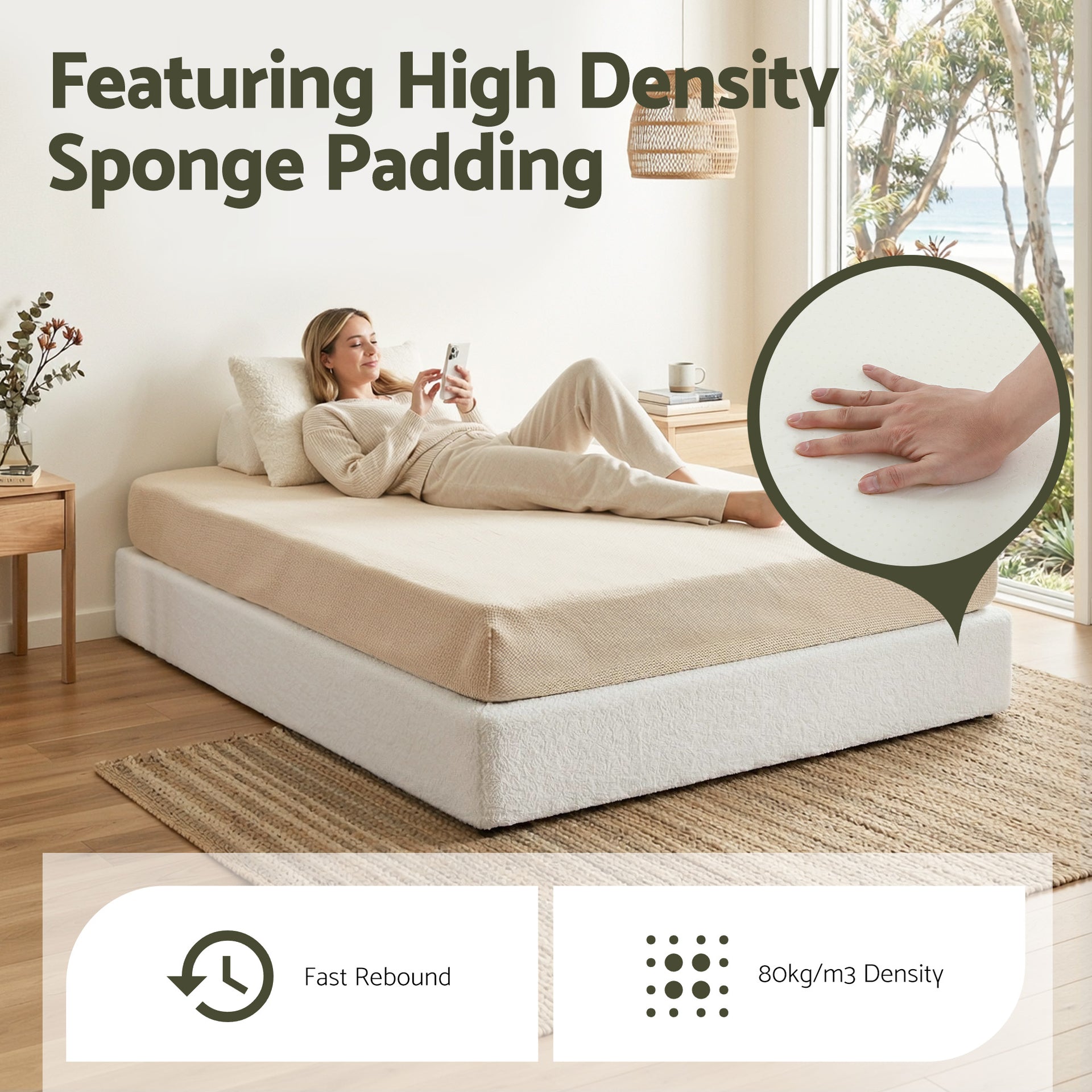 Artiss Compression Bed Frame Double Size No Assembly Vacuum High Density Sponge Boucle Cream White Awezingly