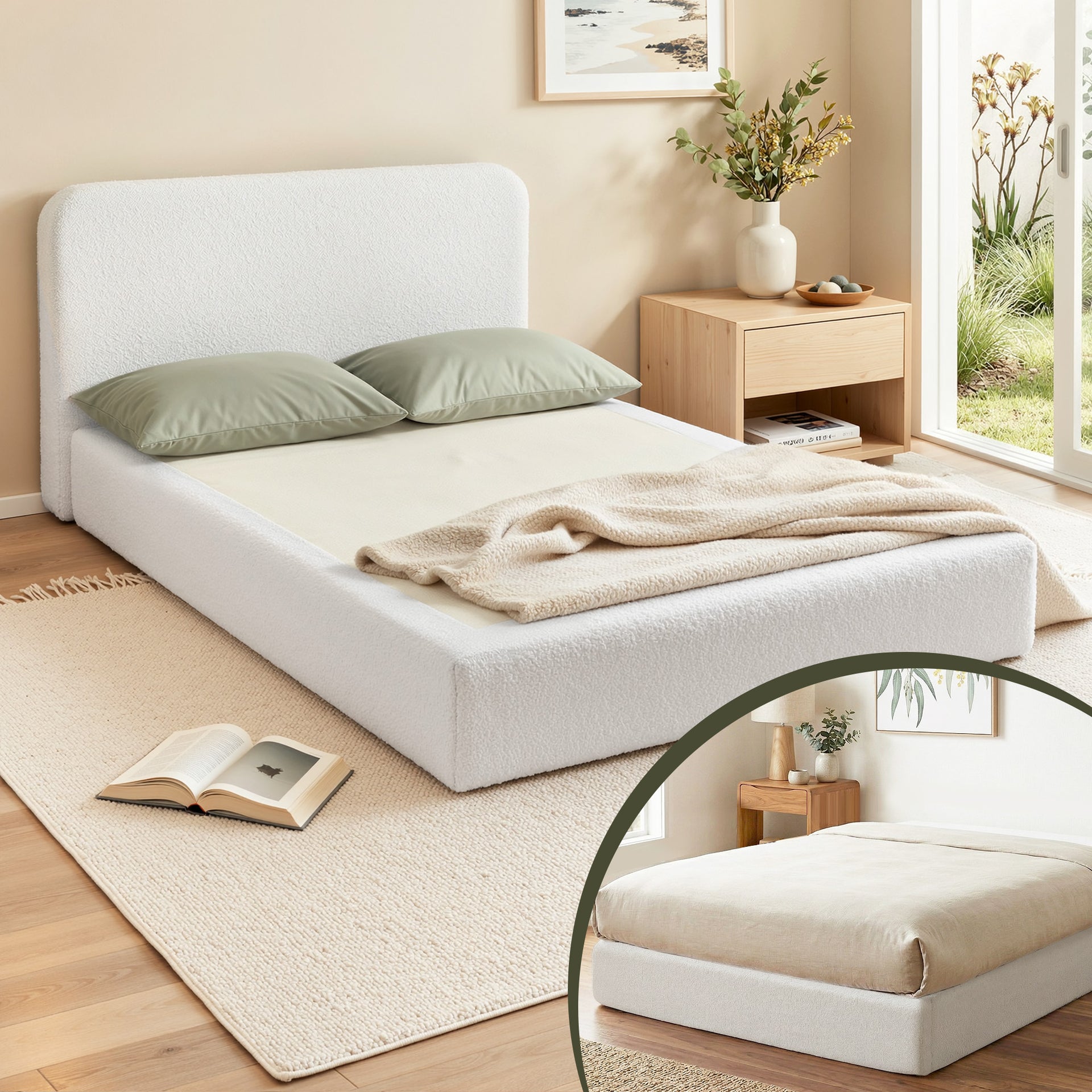 Artiss Compression Bed Frame Queen Size No Assembly Vacuum High Density Sponge Boucle Cream White Awezingly