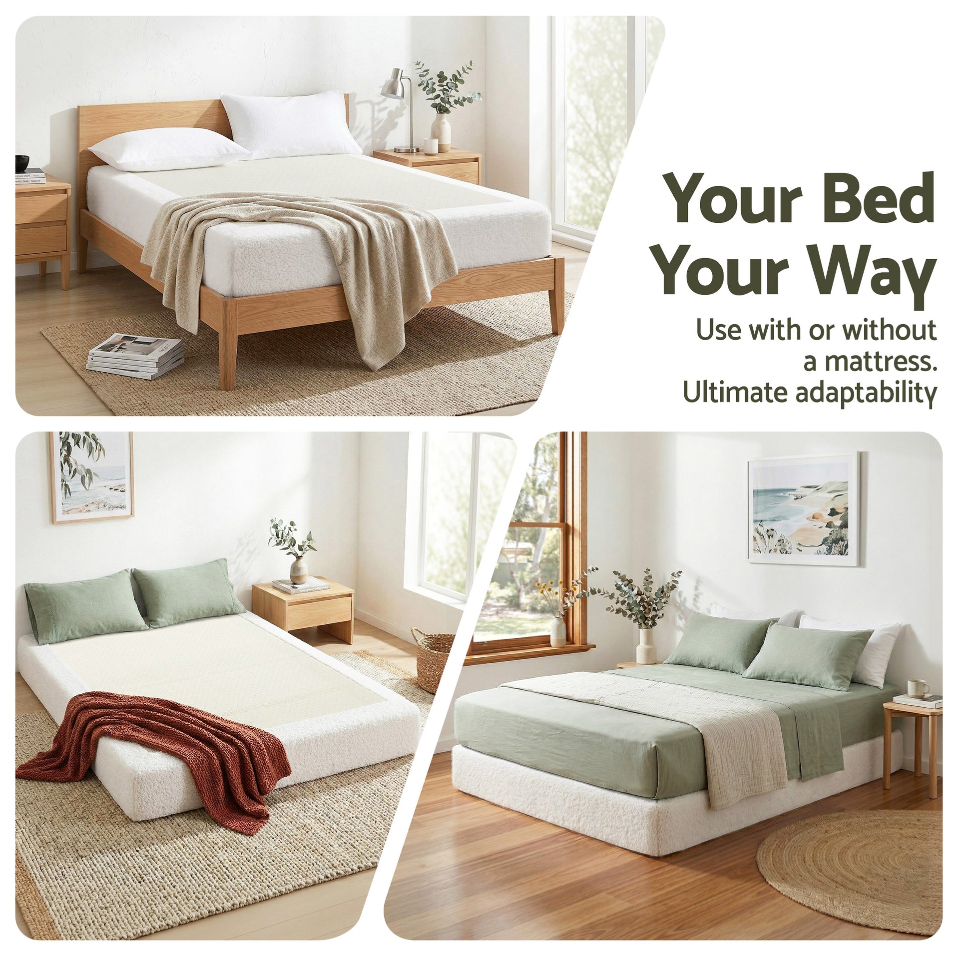 Artiss Compression Bed Frame Queen Size No Assembly Vacuum High Density Sponge Boucle Cream White Awezingly