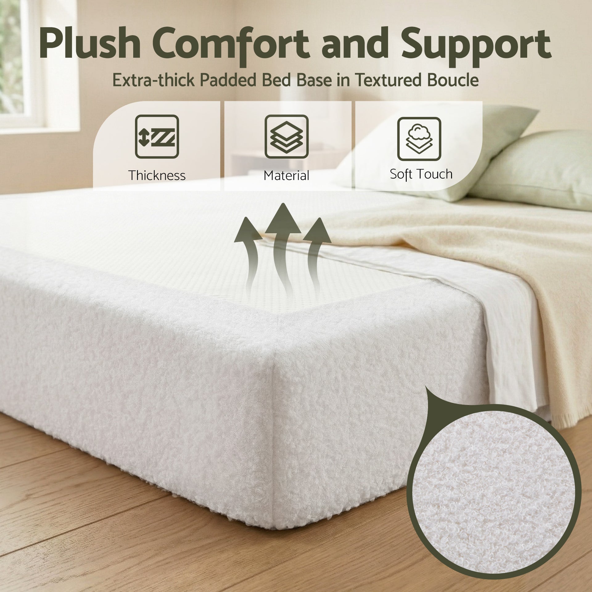 Artiss Compression Bed Frame Queen Size No Assembly Vacuum High Density Sponge Boucle Cream White Awezingly