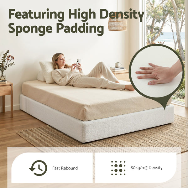 Artiss Compression Bed Frame Queen Size No Assembly Vacuum High Density Sponge Boucle Cream White Awezingly