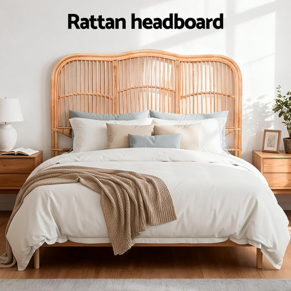 Artiss Bed Headboard Queen Bedhead Rattan - NERO Pine Awezingly