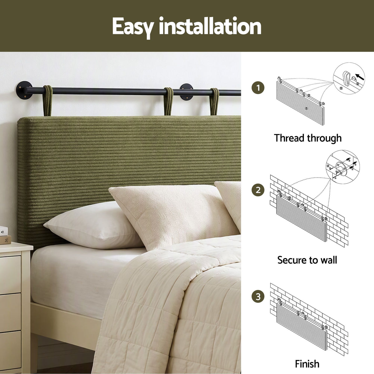 Artiss Wall Mounted Headboard Double Corduroy Upholstered Hanging Bed Head Awezingly
