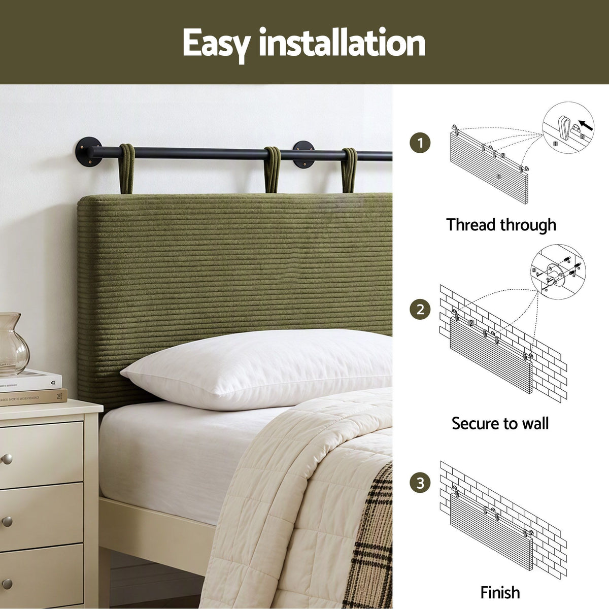 Artiss Wall Mounted Headboard King Single Corduroy Upholstered Hanging Bed Head Awezingly