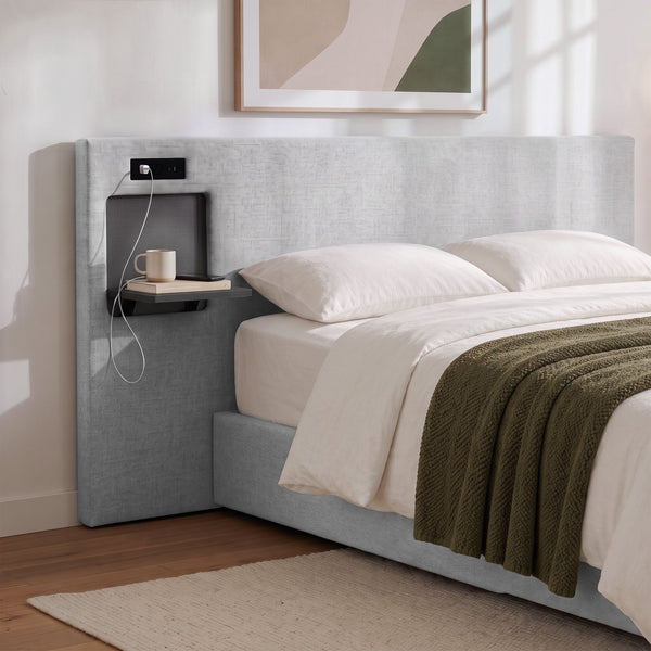 Artiss Queen Headboard Upholstered Foldable Table Charging Station Grey Awezingly