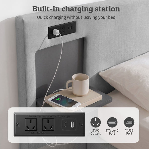 Artiss Queen Headboard Upholstered Foldable Table Charging Station Grey Awezingly