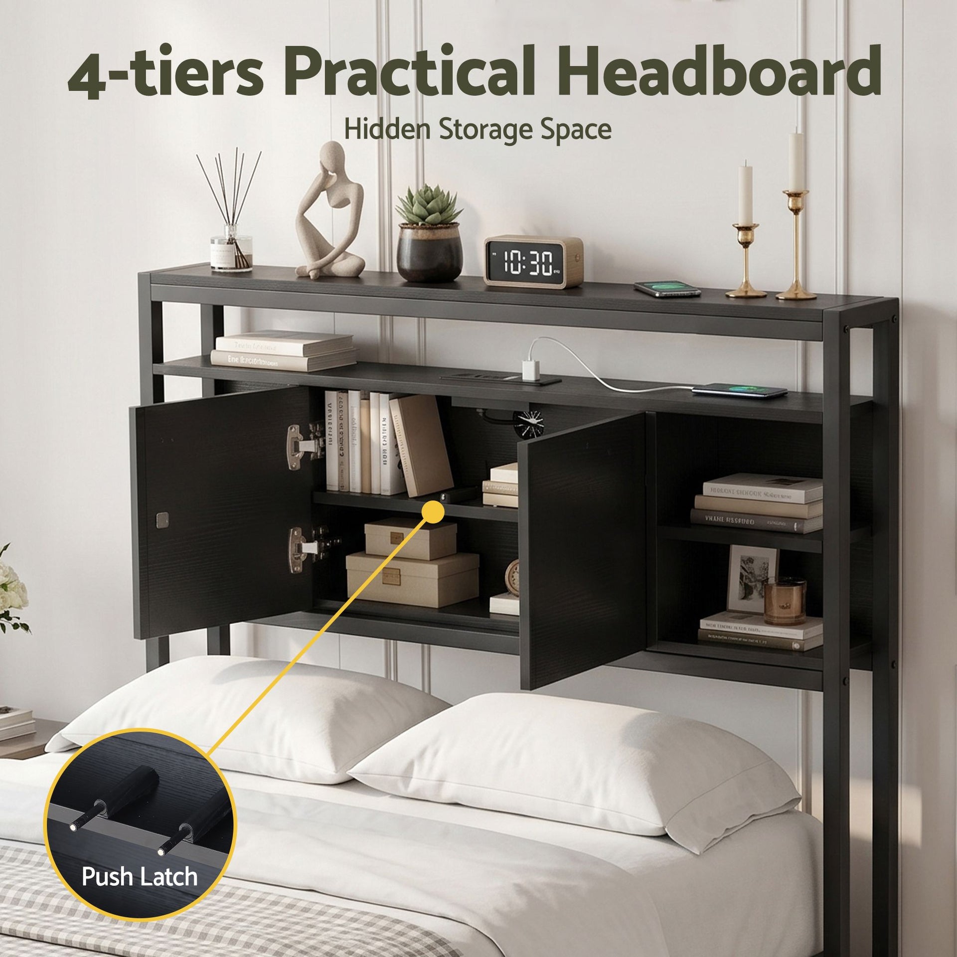 Artiss Bed Headboard King Single Storage Bedhead Charging Station Black Awezingly