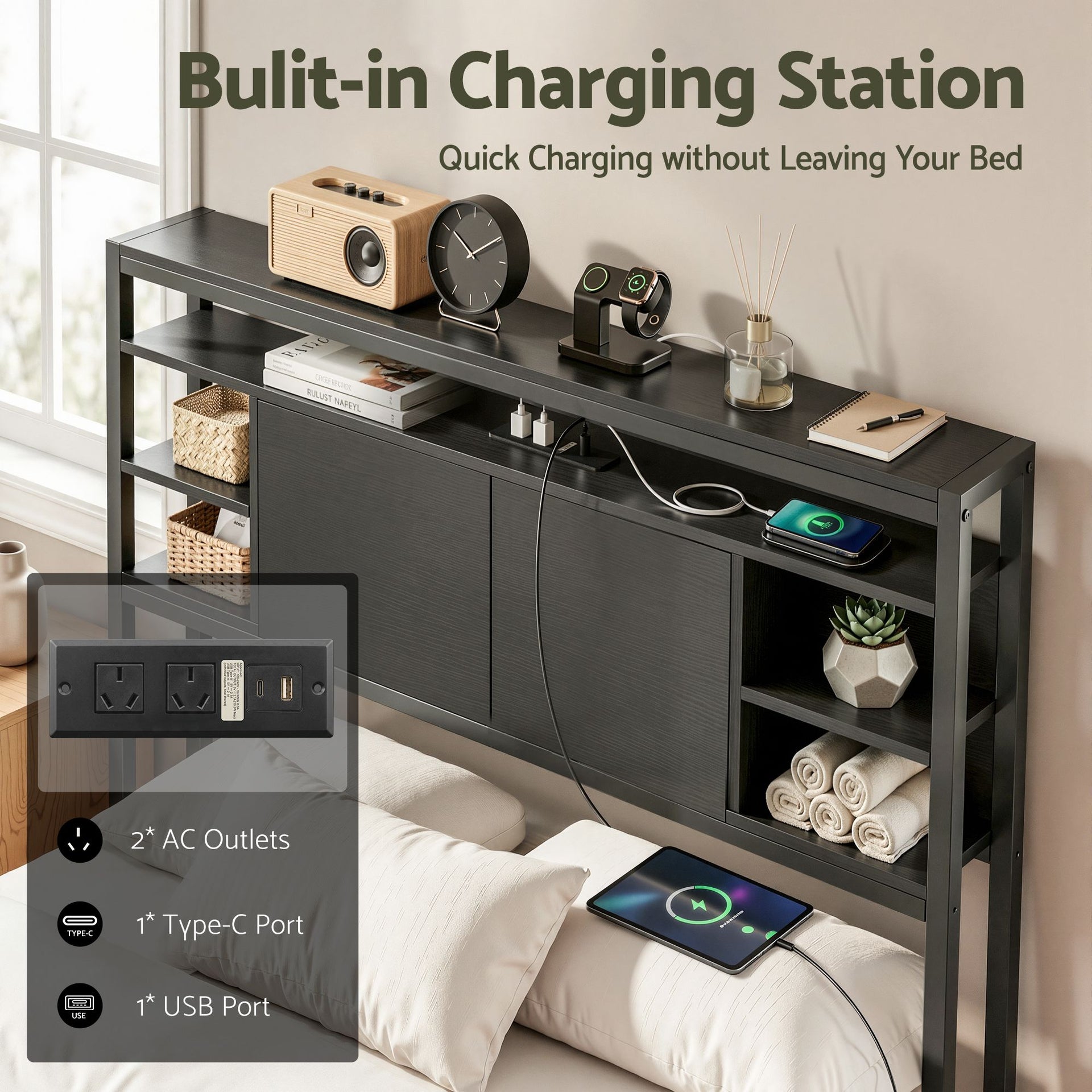 Artiss Bed Headboard King Single Storage Bedhead Charging Station Black Awezingly