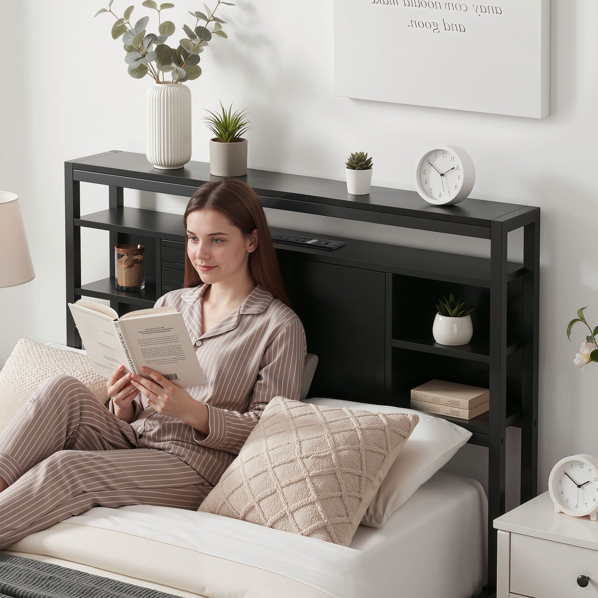 Artiss Bed Headboard King Single Storage Bedhead Charging Station Black Awezingly