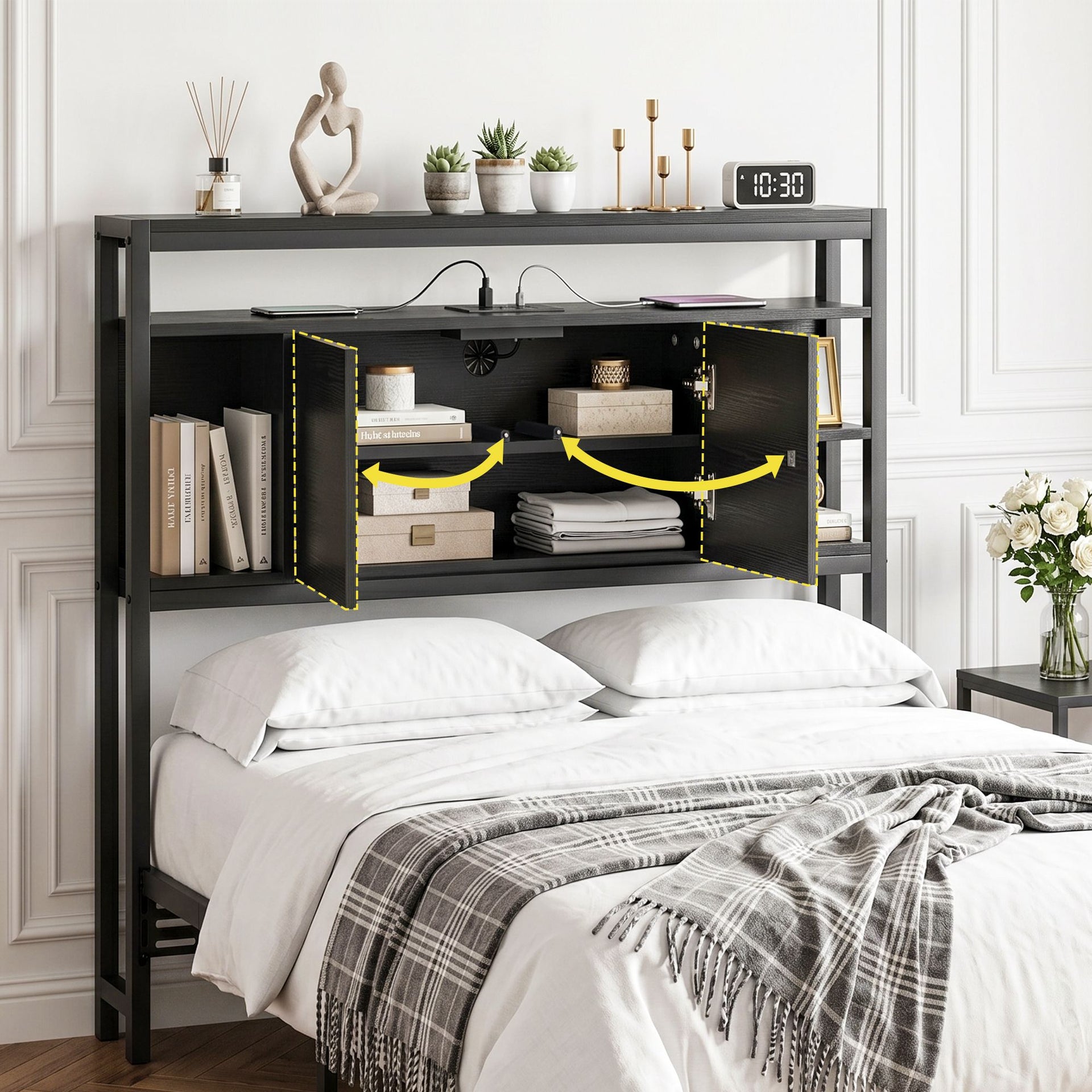 Artiss Bed Headboard King Single Storage Bedhead Charging Station Black Awezingly