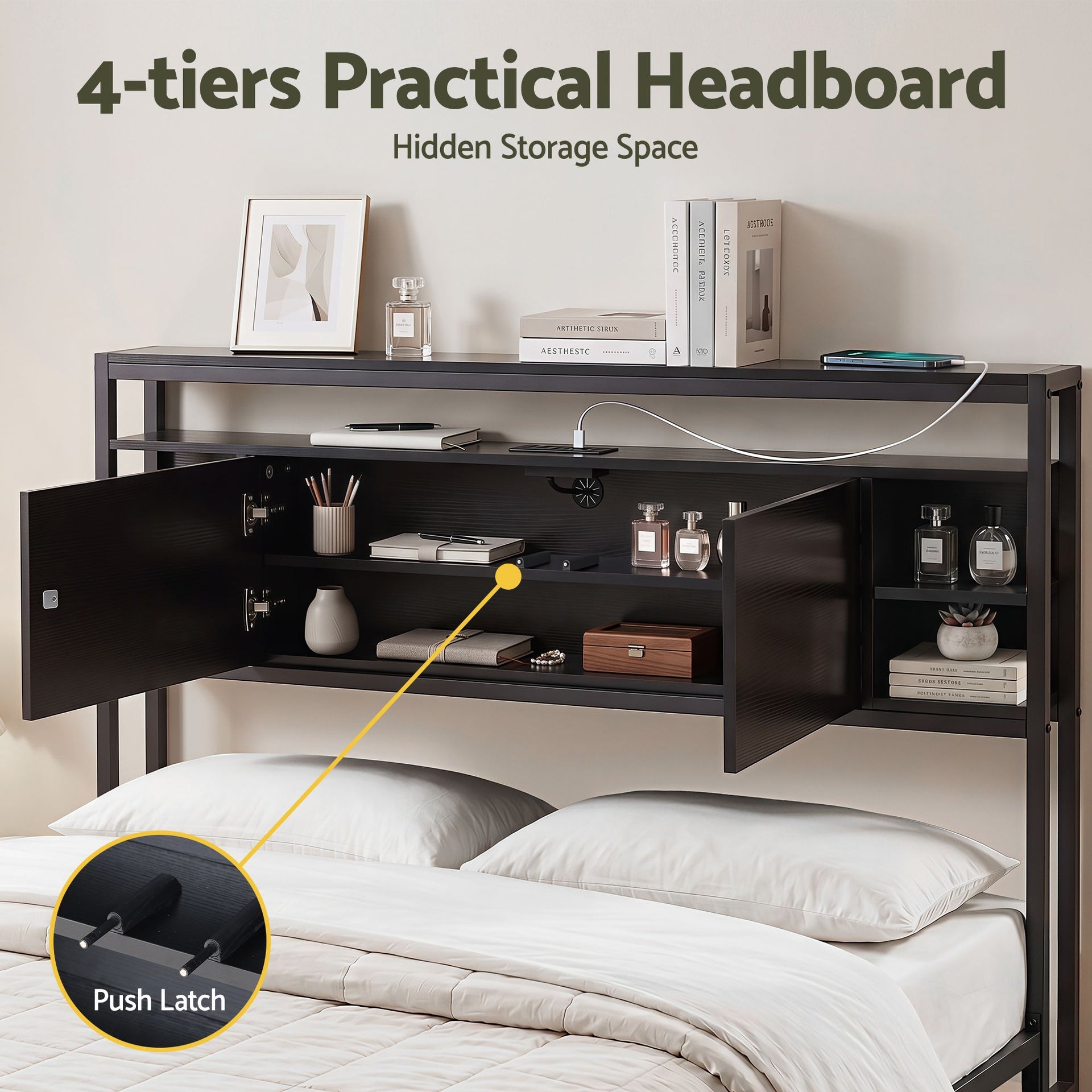 Artiss Bed Headboard Queen Storage Bedhead Charging Station Black Awezingly