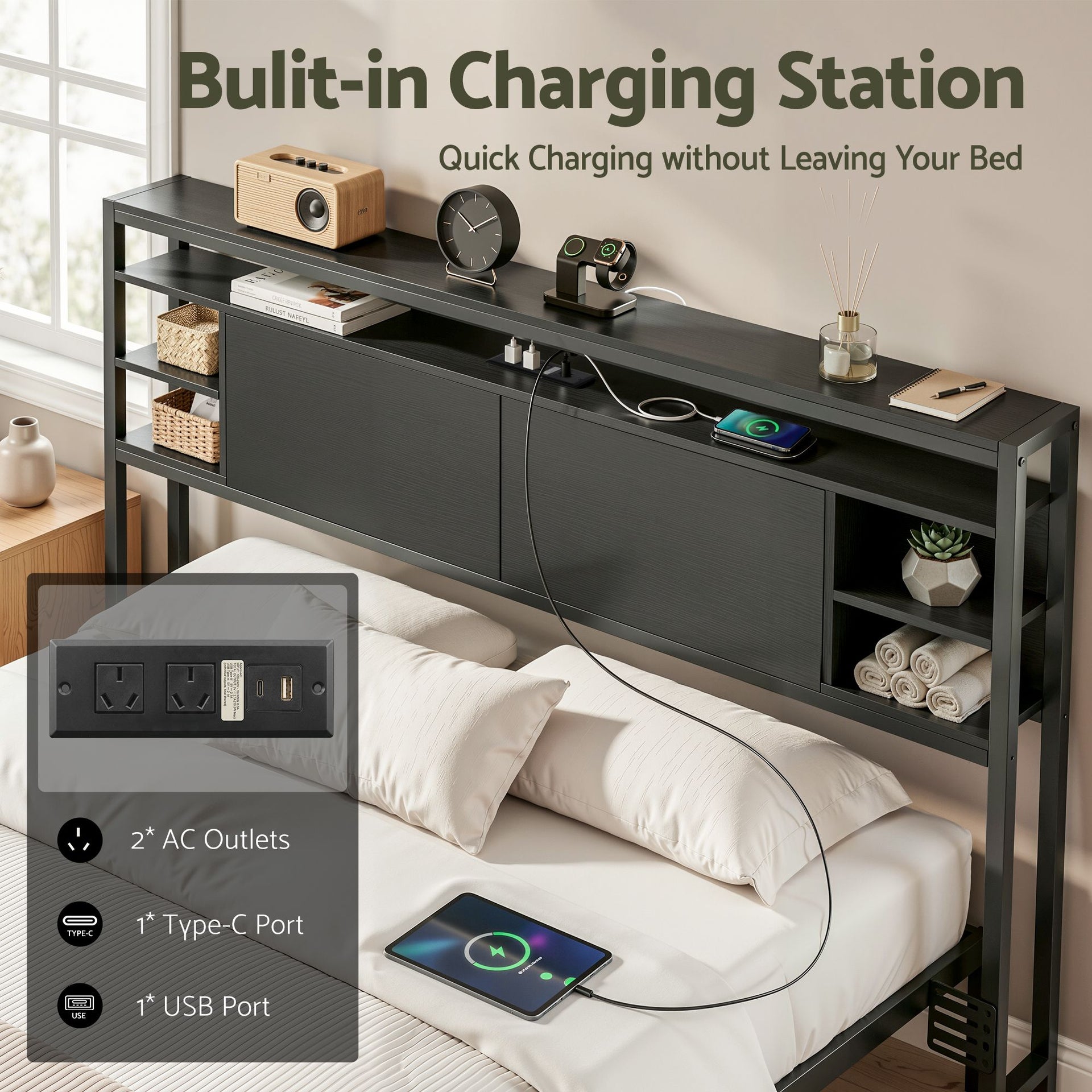 Artiss Bed Headboard Queen Storage Bedhead Charging Station Black Awezingly