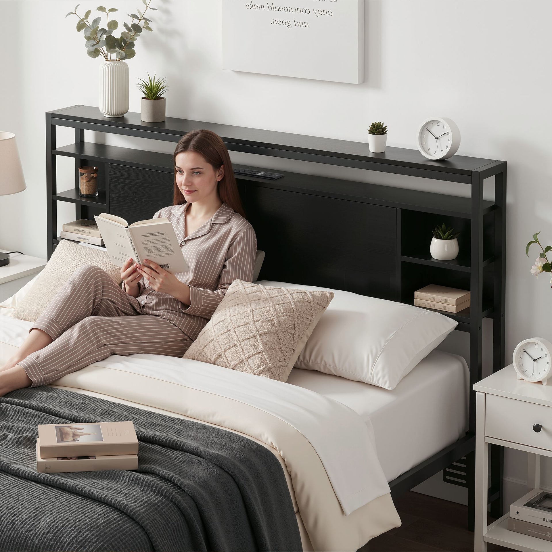 Artiss Bed Headboard Queen Storage Bedhead Charging Station Black Awezingly