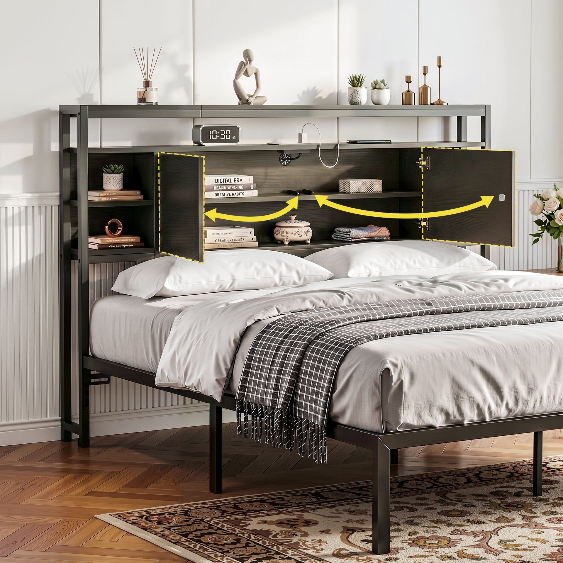 Artiss Bed Headboard Queen Storage Bedhead Charging Station Black Awezingly