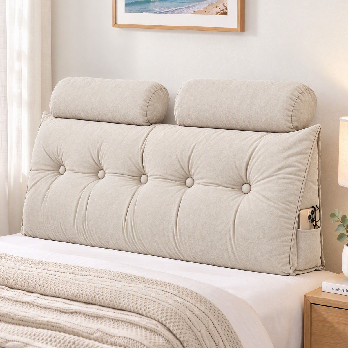 Artiss Headboard Pillow Double Wedge Backrest Triangular with 2 Cushions Beige Awezingly